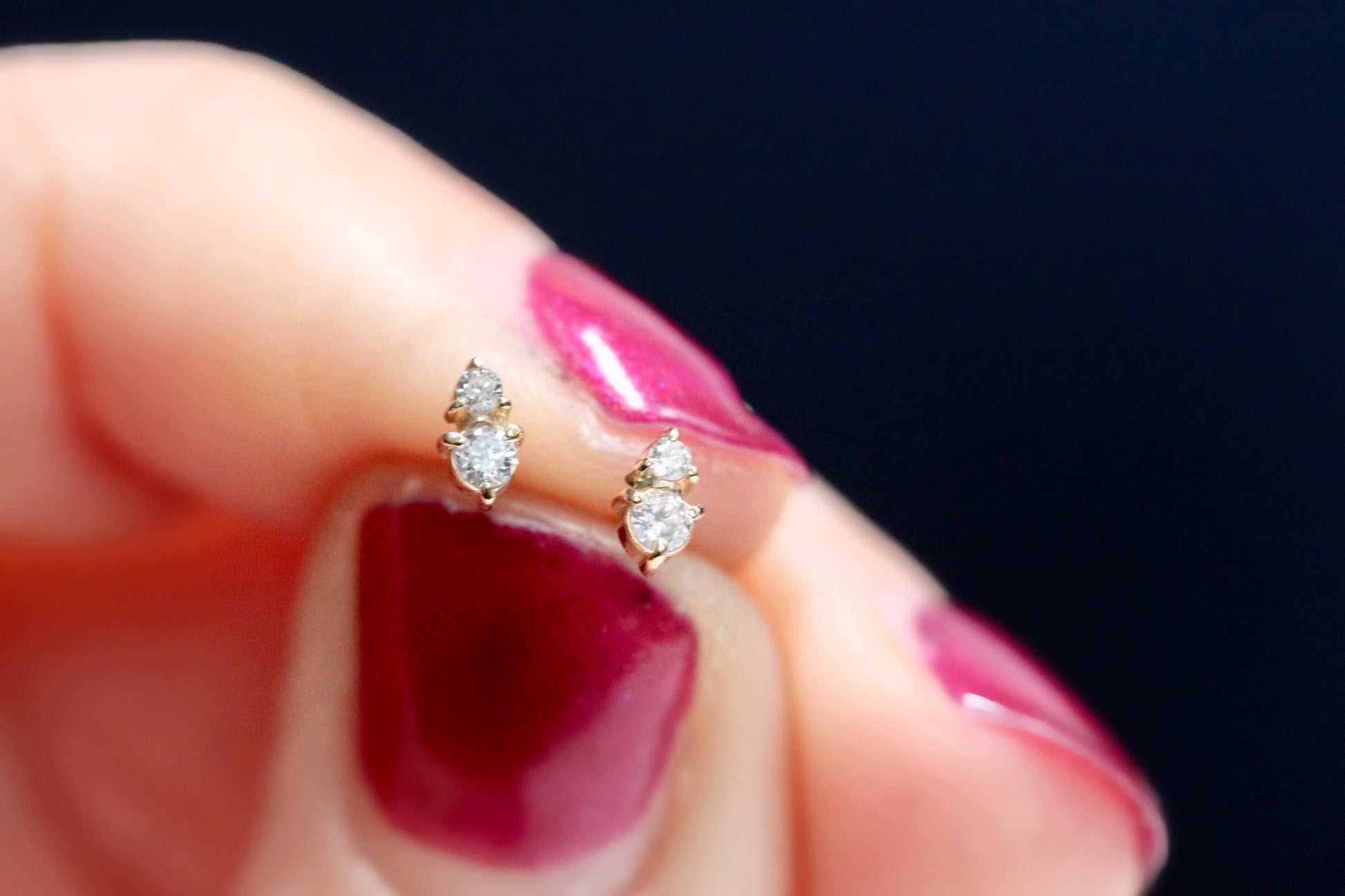 14k Gold Two Diamond Stud, Second Hole Stud, Tiny Post Earring, Mutiple Piercing Stud, Three Prong, Real Gold, Minimal Jewelry, Solid Gold