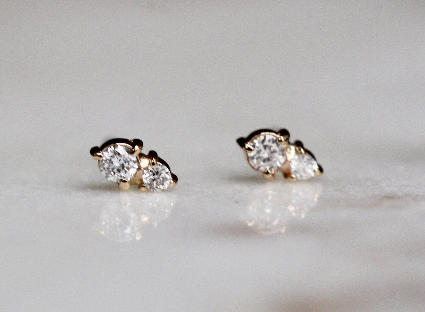 14k Gold Two Diamond Stud, Second Hole Stud, Tiny Post Earring, Mutiple Piercing Stud, Three Prong, Real Gold, Minimal Jewelry, Solid Gold