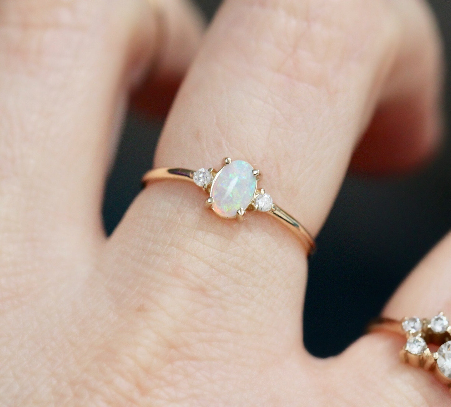14K Gold Opal Diamond Ring, Three Stone Ring, Multicolor Stone, 10K Australian Opal, October Birthstone, Oval Gemstone, Australian Opal Ring
