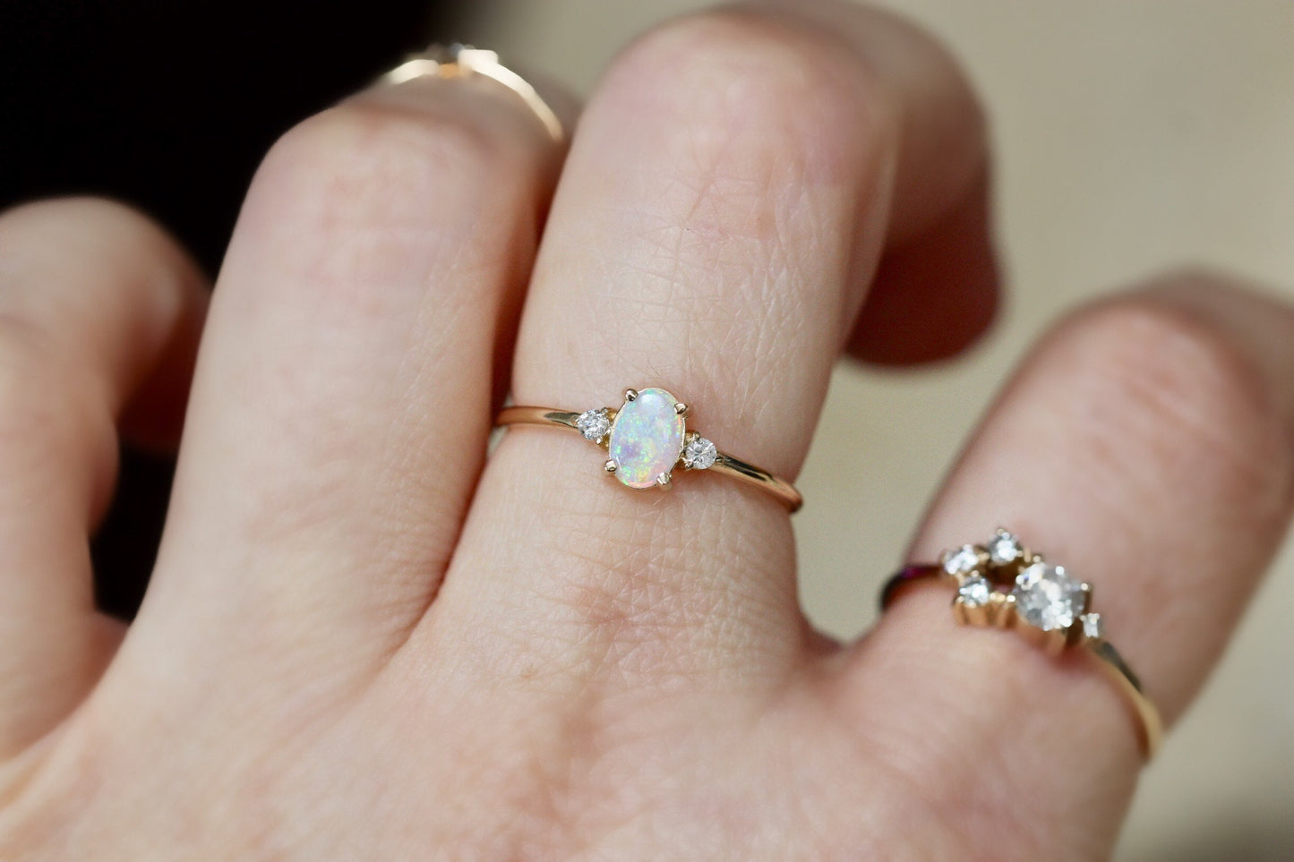 14K Gold Opal Diamond Ring, Three Stone Ring, Multicolor Stone, 10K Australian Opal, October Birthstone, Oval Gemstone, Australian Opal Ring