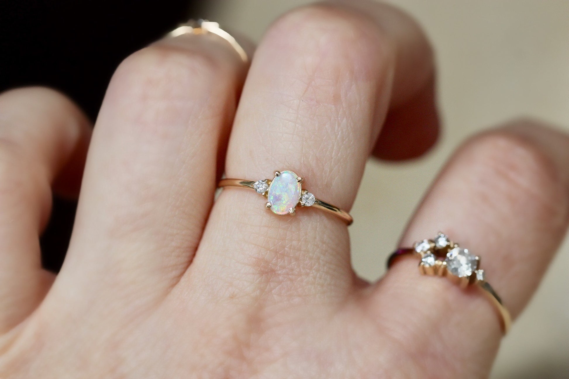14K Gold Opal Diamond Ring, Three Stone Ring, Multicolor Stone, 10K Australian Opal, October Birthstone, Oval Gemstone, Australian Opal Ring