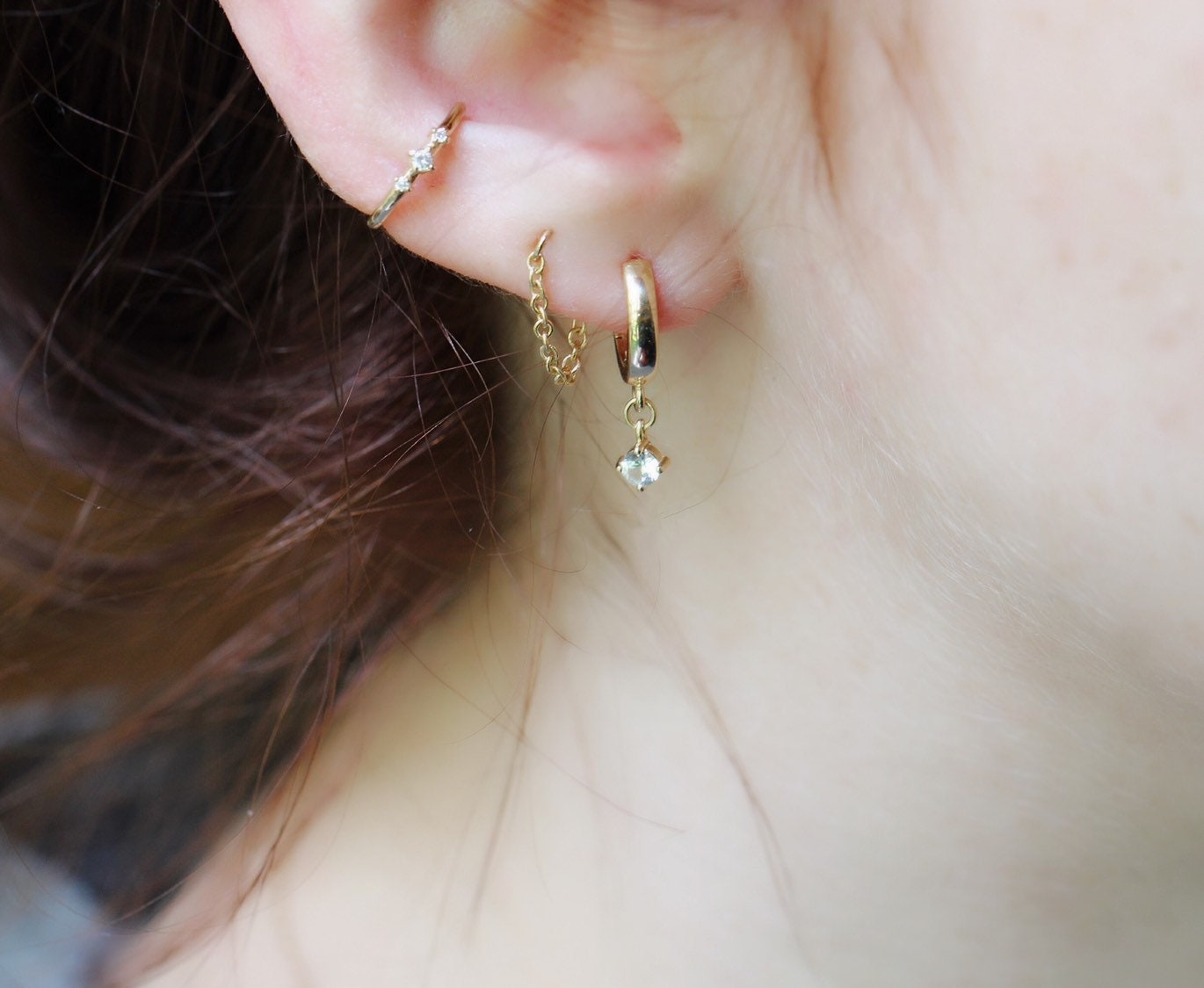 14K Gold Diamond Ear Cuff, Three Diamond, Non-Piercing, Ear Wrap, Gold Ear Wrap, Solid Gold Ear Cuff, Real Gold Ear Cuff, Triple Diamond