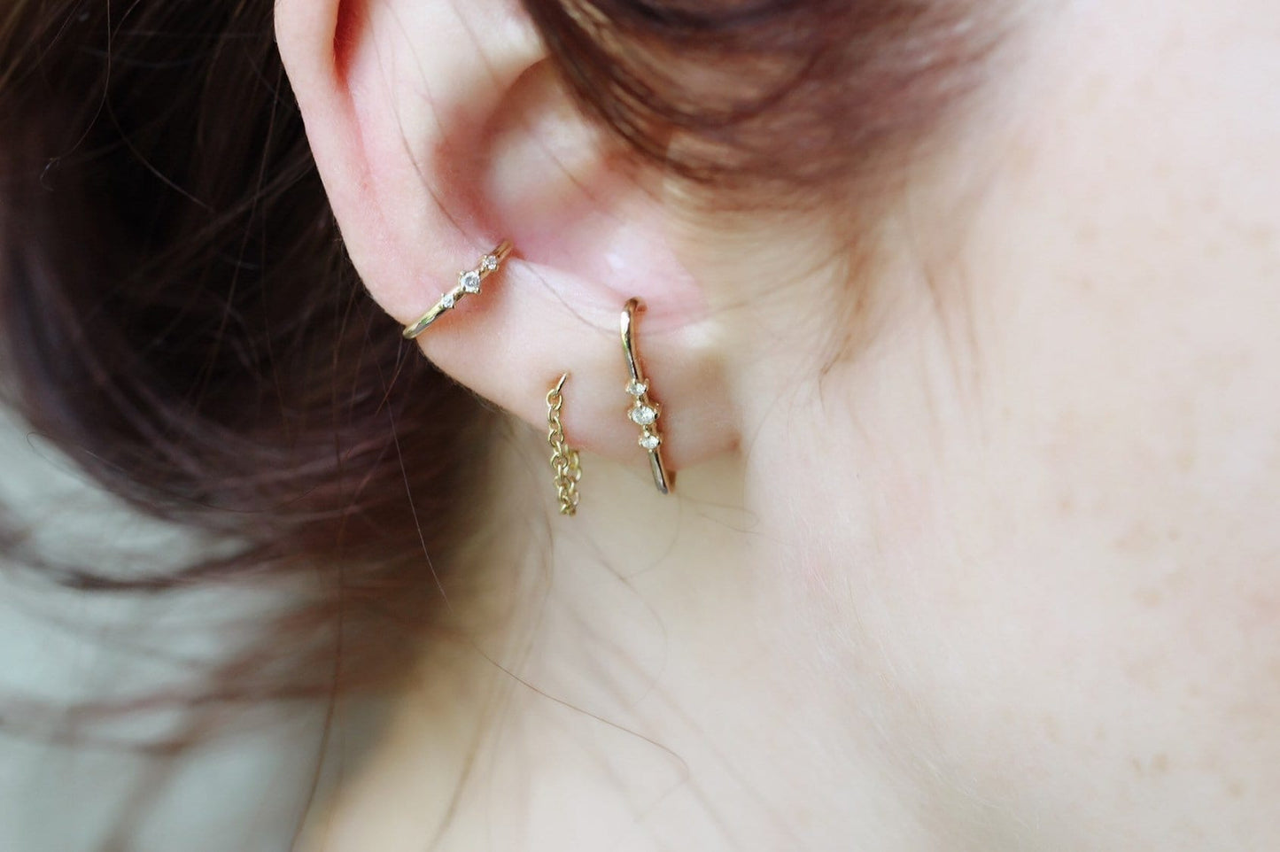 14K Gold Diamond Ear Cuff, Three Diamond, Non-Piercing, Ear Wrap, Gold Ear Wrap, Solid Gold Ear Cuff, Real Gold Ear Cuff, Triple Diamond