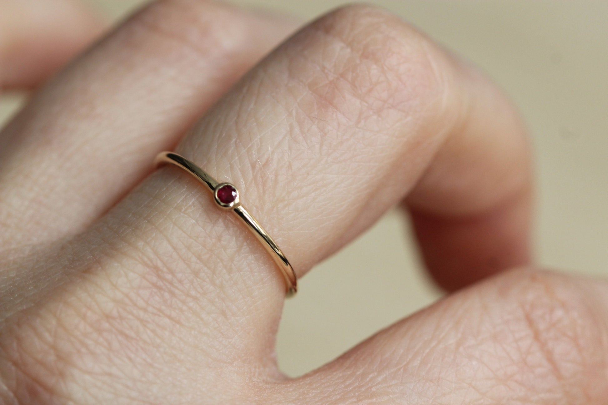 14K Gold Tiny Ruby Ring, Red Stone Ring, 10K Stacking Ring, July Birthstone, Bezel Setting, Burgundy Stone, Stacker, Solid Gold Ring
