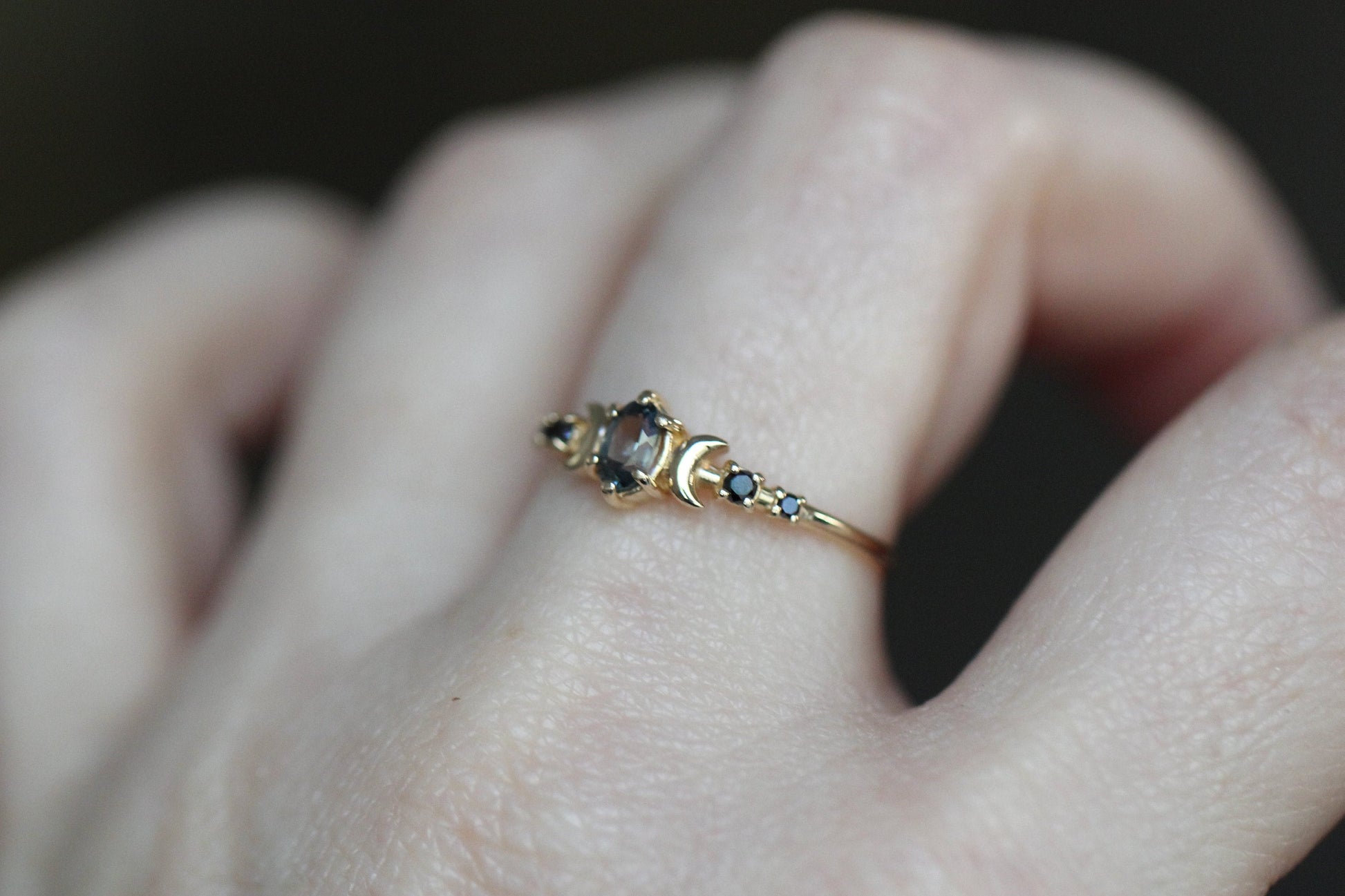 14K Moon Phase Ring, Grey Spinel and Black Diamond Ring, Double Moon Ring, 10K, Astrology Ring, Grey Stone Ring, Oval Stone, Grey Gemstone