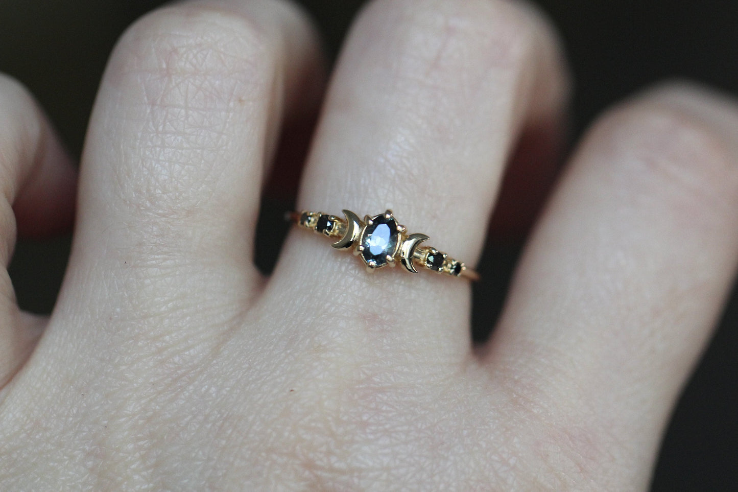 14K Moon Phase Ring, Grey Spinel and Black Diamond Ring, Double Moon Ring, 10K, Astrology Ring, Grey Stone Ring, Oval Stone, Grey Gemstone
