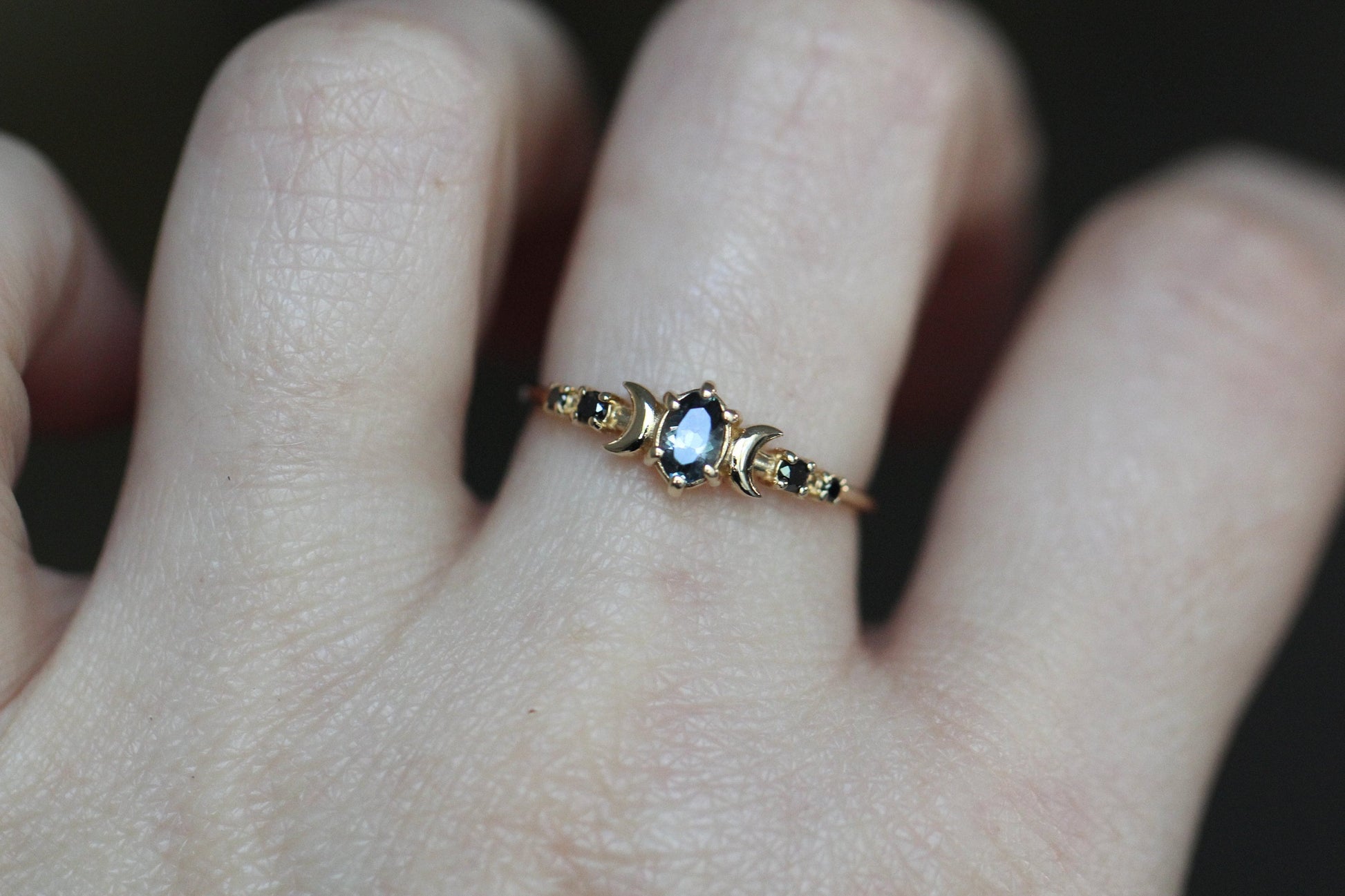 14K Moon Phase Ring, Grey Spinel and Black Diamond Ring, Double Moon Ring, 10K, Astrology Ring, Grey Stone Ring, Oval Stone, Grey Gemstone