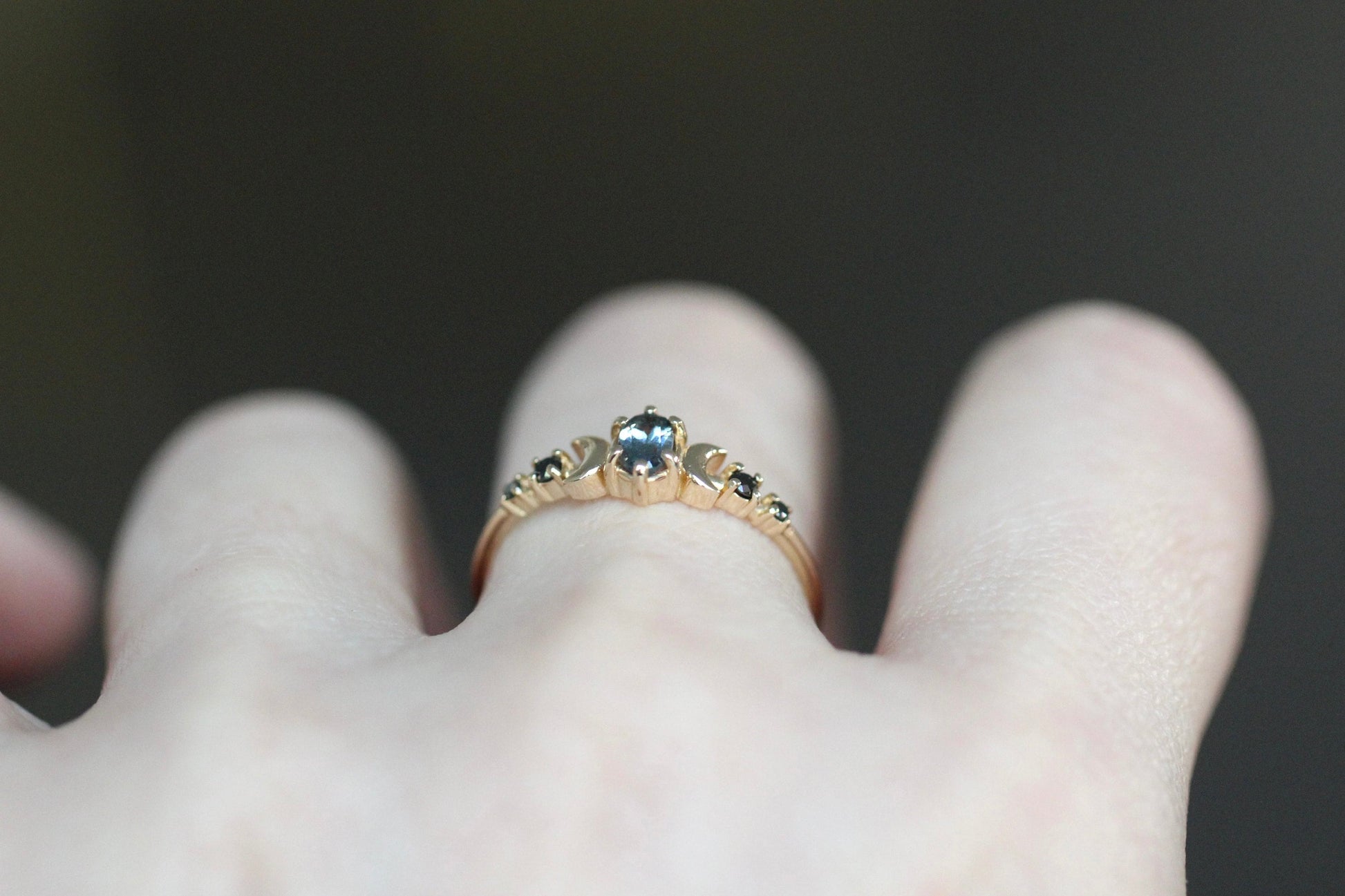 14K Moon Phase Ring, Grey Spinel and Black Diamond Ring, Double Moon Ring, 10K, Astrology Ring, Grey Stone Ring, Oval Stone, Grey Gemstone