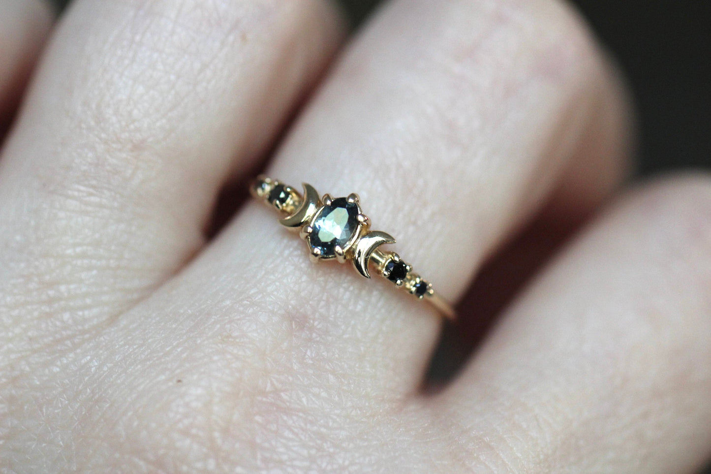 14K Moon Phase Ring, Grey Spinel and Black Diamond Ring, Double Moon Ring, 10K, Astrology Ring, Grey Stone Ring, Oval Stone, Grey Gemstone
