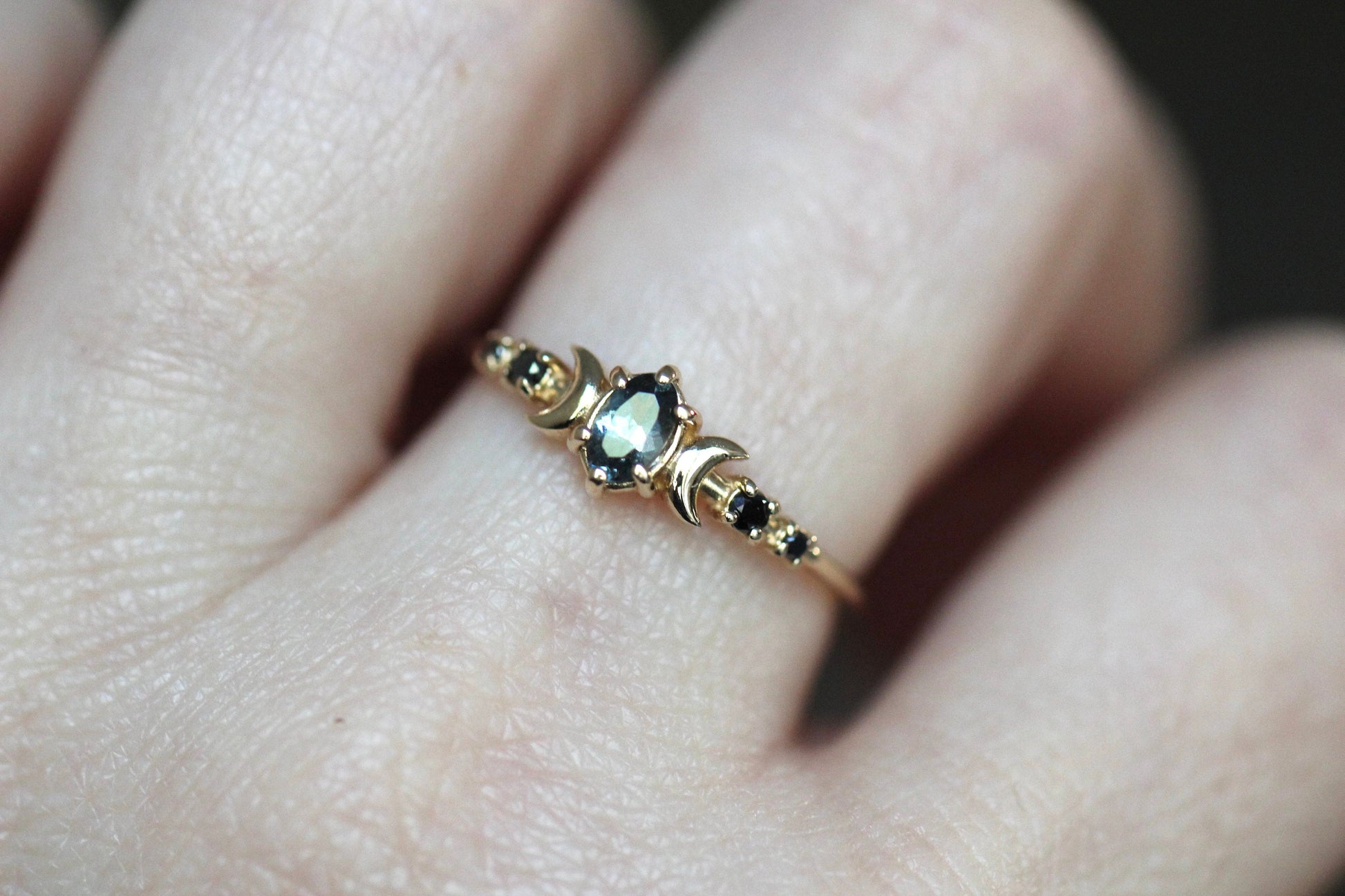 14K Moon Phase Ring, Grey Spinel and Black Diamond Ring, Double Moon Ring, 10K, Astrology Ring, Grey Stone Ring, Oval Stone, Grey Gemstone
