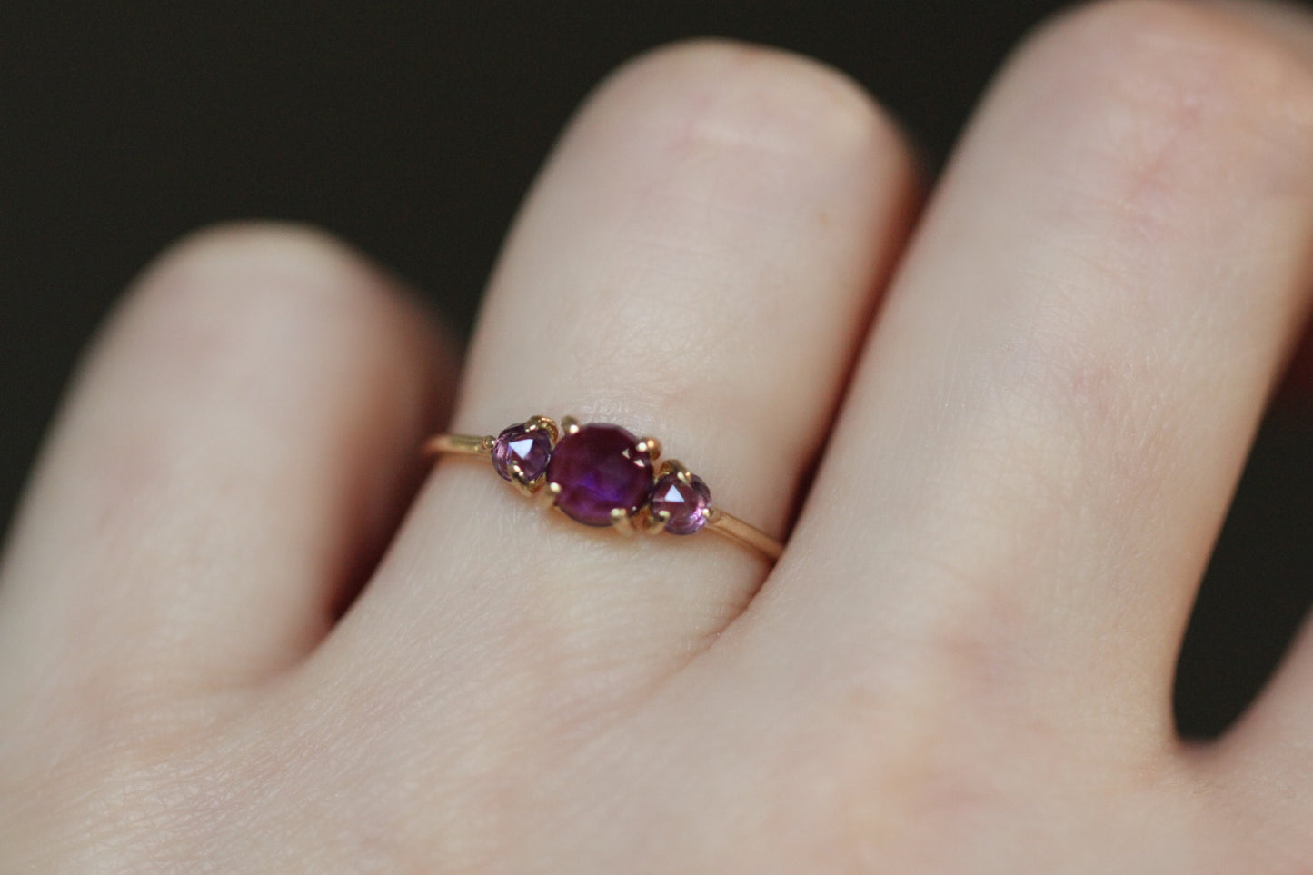 14K Gold Amethyst Ring, Three Stone Ring, Rose Cut Amethyst, 10K, February Birthstone, Triple Stone Ring, Purple Gemstone, Solid Gold Ring