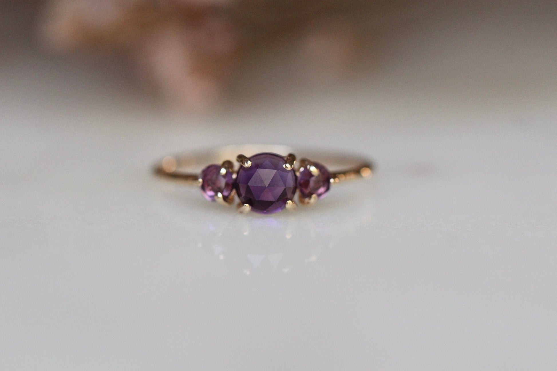 14K Gold Amethyst Ring, Three Stone Ring, Rose Cut Amethyst, 10K, February Birthstone, Triple Stone Ring, Purple Gemstone, Solid Gold Ring