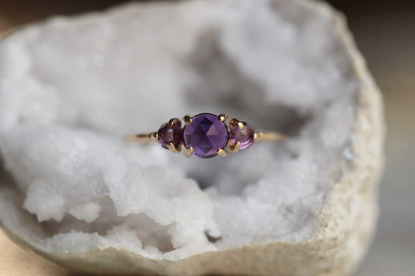 14K Gold Amethyst Ring, Three Stone Ring, Rose Cut Amethyst, 10K, February Birthstone, Triple Stone Ring, Purple Gemstone, Solid Gold Ring