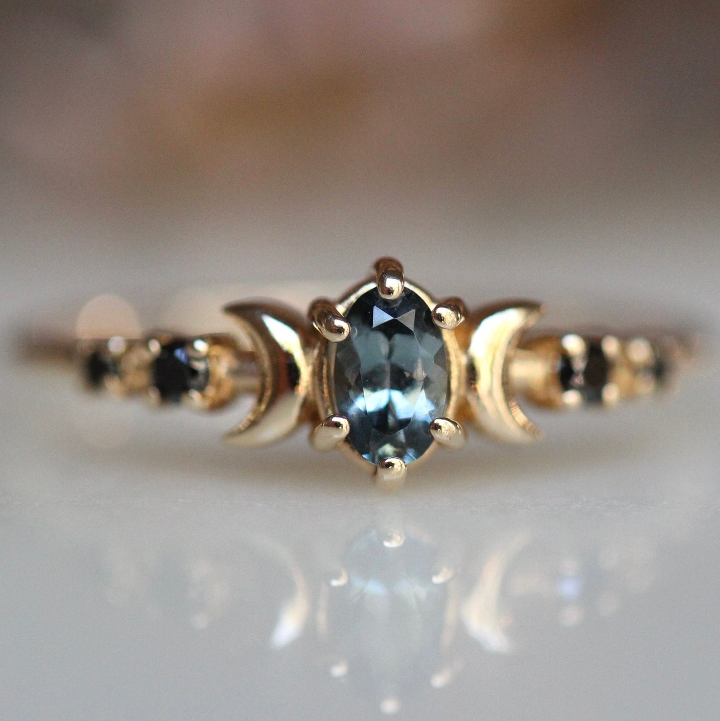 14K Moon Phase Ring, Grey Spinel and Black Diamond Ring, Double Moon Ring, 10K, Astrology Ring, Grey Stone Ring, Oval Stone, Grey Gemstone