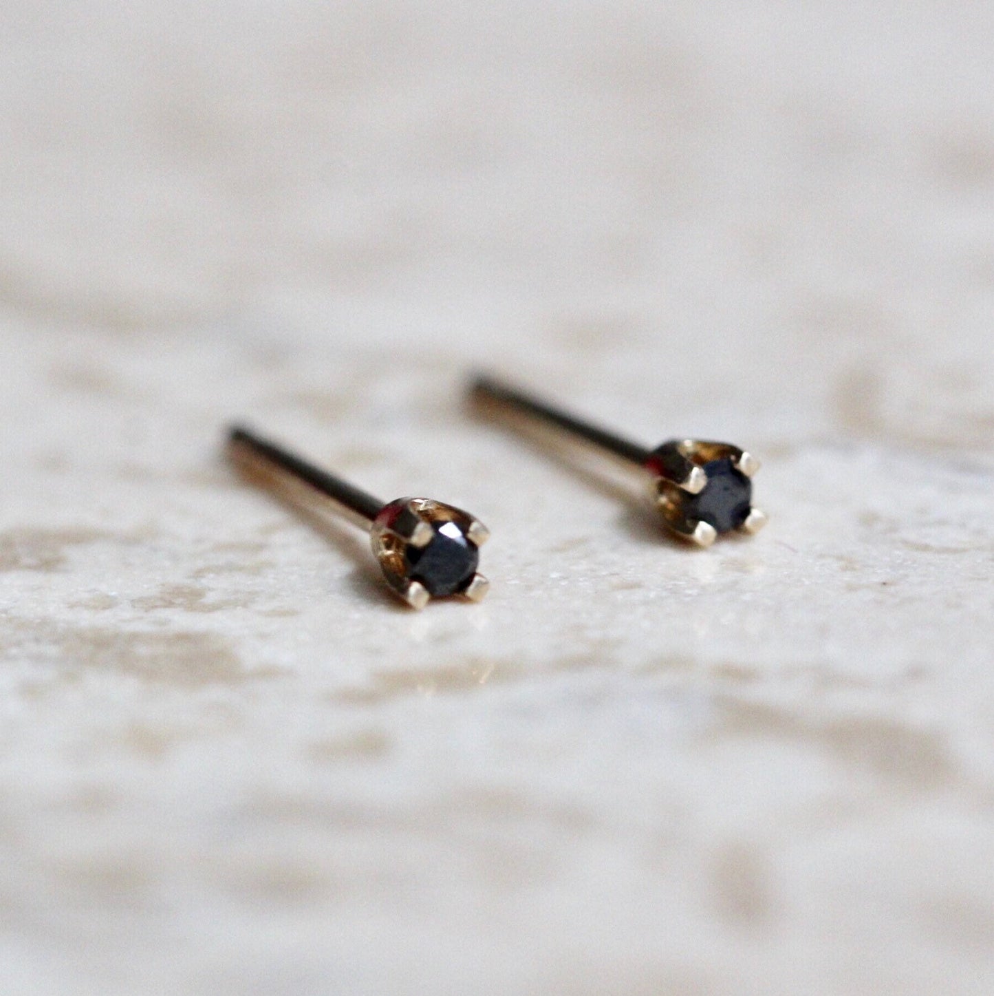 14K Gold Tiny Black Diamond Studs, Black Diamond, Black Stone, Tiny Earrings, Solid Gold, Gold Stud, Real Gold, Post Studs. Four Prong