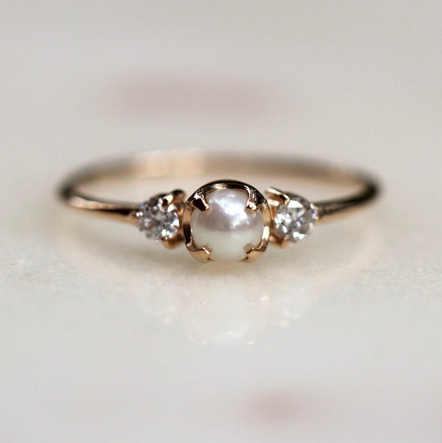 14K Gold Pearl Diamond Ring, Diamond Ring, Cluster Ring, 10K, Engagement Ring, Three Stone Ring, Pearl Ring, June Birthstone, Self Love Ring