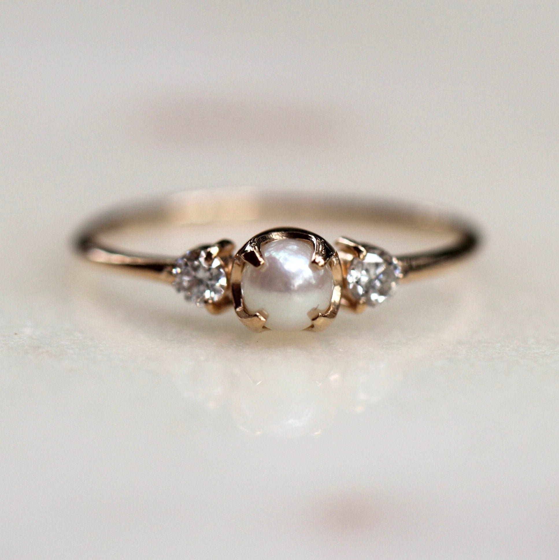 14K Gold Pearl Diamond Ring, Diamond Ring, Cluster Ring, 10K, Engagement Ring, Three Stone Ring, Pearl Ring, June Birthstone, Self Love Ring