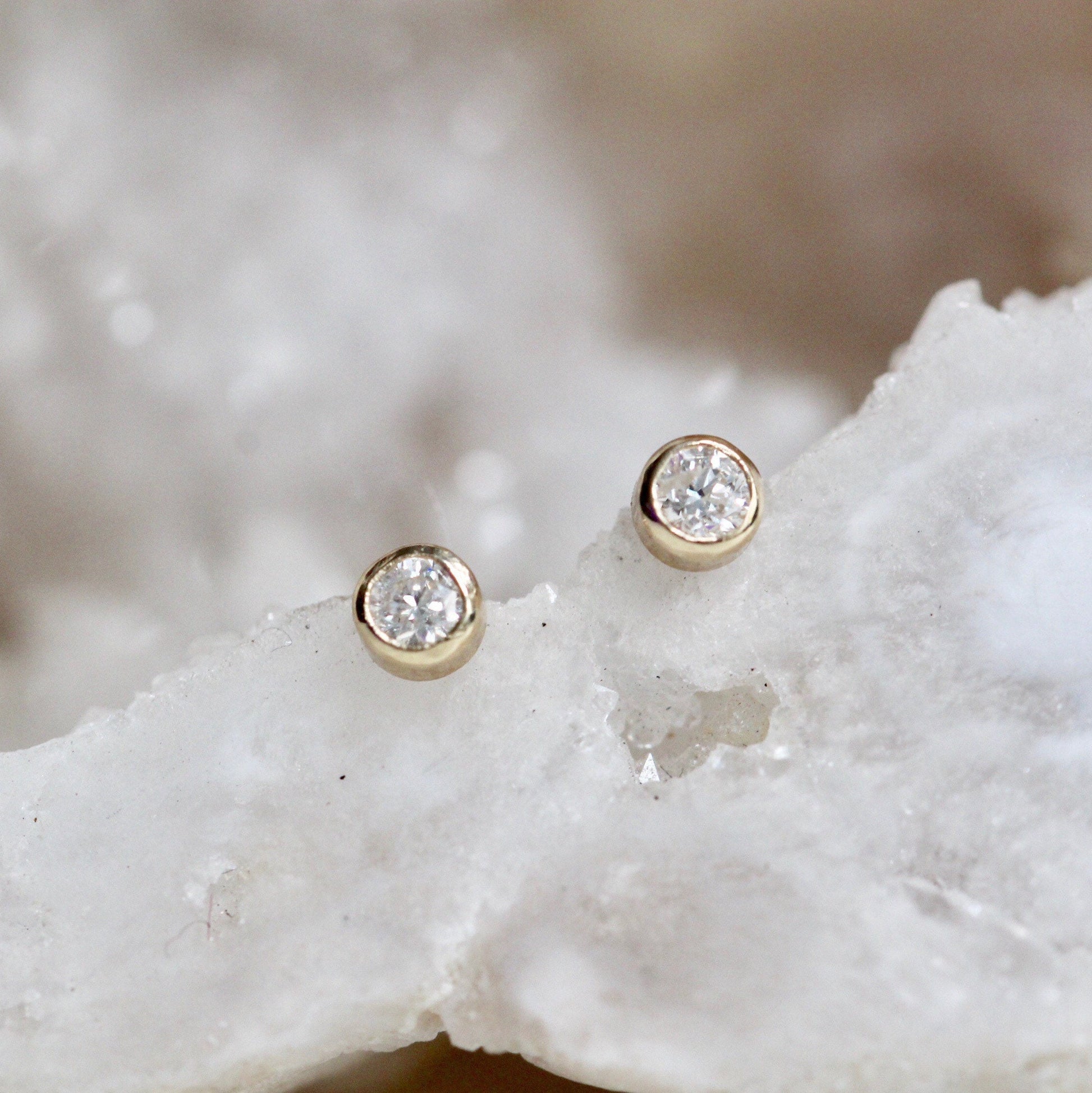 14K Gold Diamond Bezel Studs, Second Hold Stud, Diamond Earrings, Everyday Wear, Solid Gold, Post Studs, Round Stone, Tube Bezel Stud