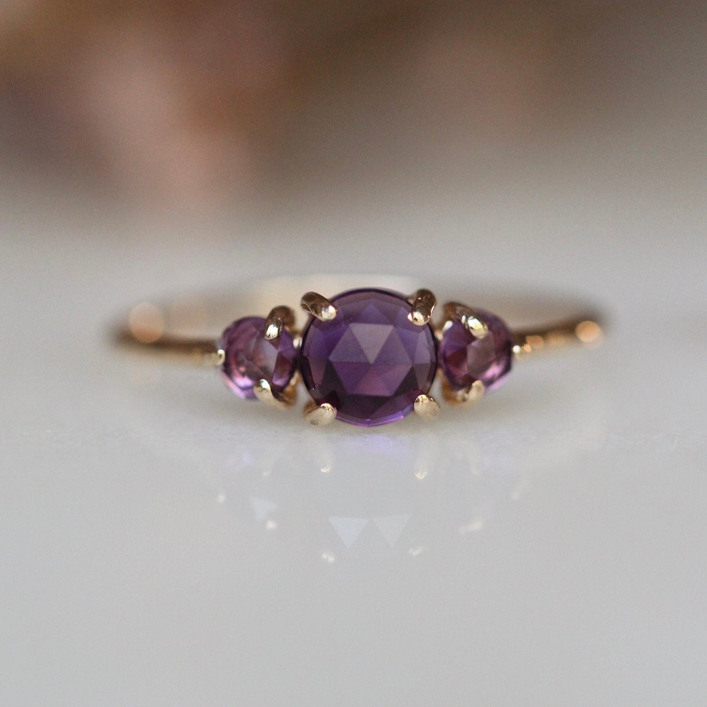 14K Gold Amethyst Ring, Three Stone Ring, Rose Cut Amethyst, 10K, February Birthstone, Triple Stone Ring, Purple Gemstone, Solid Gold Ring