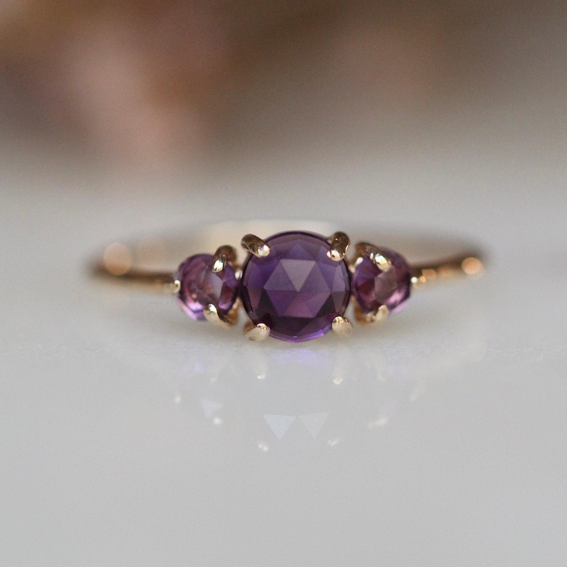 14K Gold Amethyst Ring, Three Stone Ring, Rose Cut Amethyst, 10K, February Birthstone, Triple Stone Ring, Purple Gemstone, Solid Gold Ring