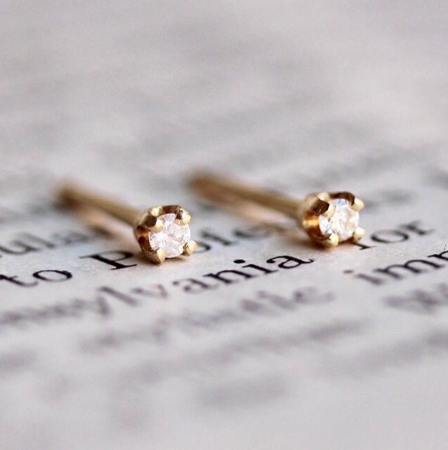 14K Gold Tiny Diamond Studs, Diamond Studs, Second Hole Studs, Dainty Studs, Solid Gold, Real Gold, Four Prong Stud, Minimal Jewelry