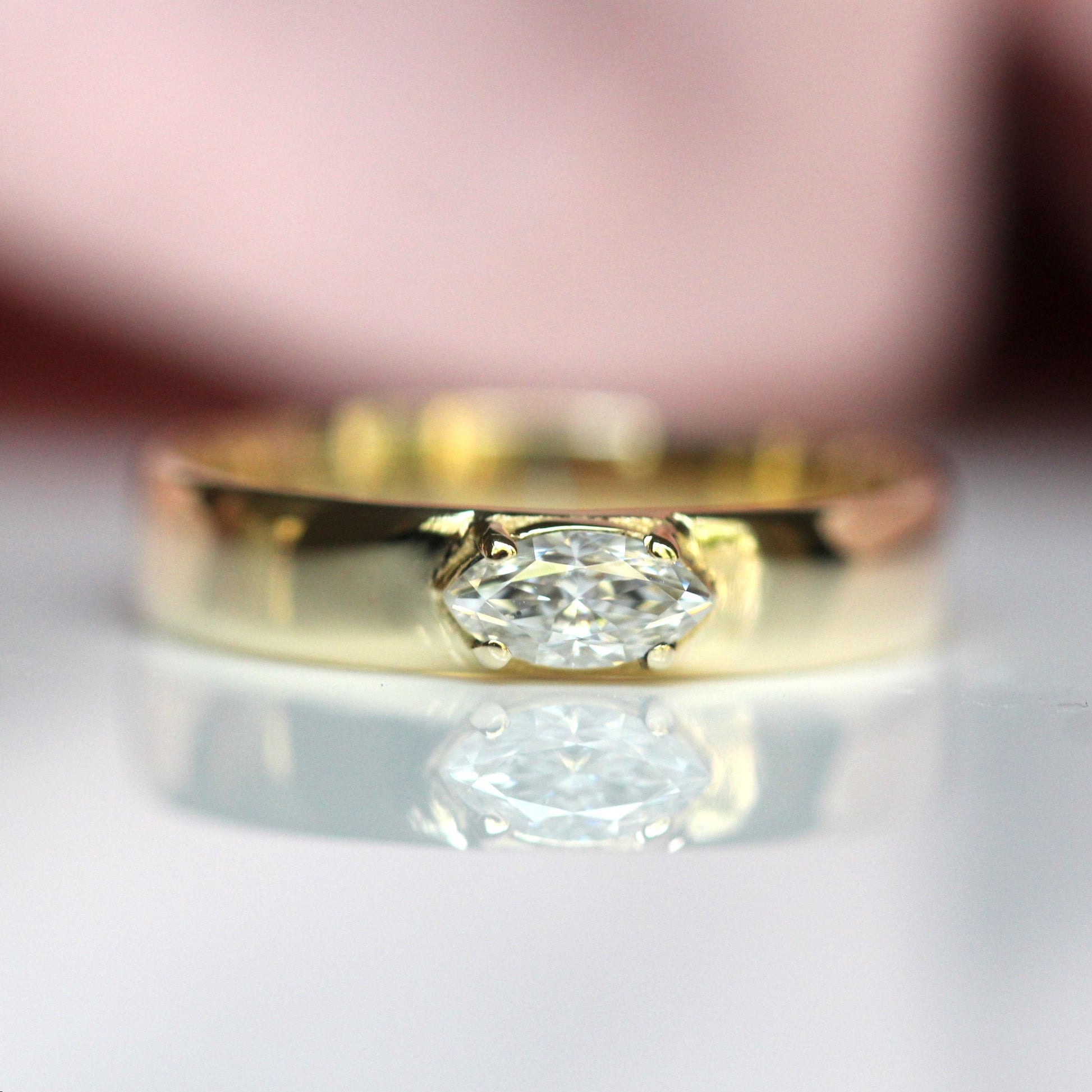 Solid Gold Diamond Marquise Wide Band, Wide Band Engagement Ring, Natural Diamond, Lab Made Diamond, 10K Gold, 14K Gold, 4mm,