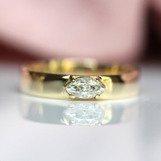 Solid Gold Diamond Marquise Wide Band, Wide Band Engagement Ring, Natural Diamond, Lab Made Diamond, 10K Gold, 14K Gold, 4mm,