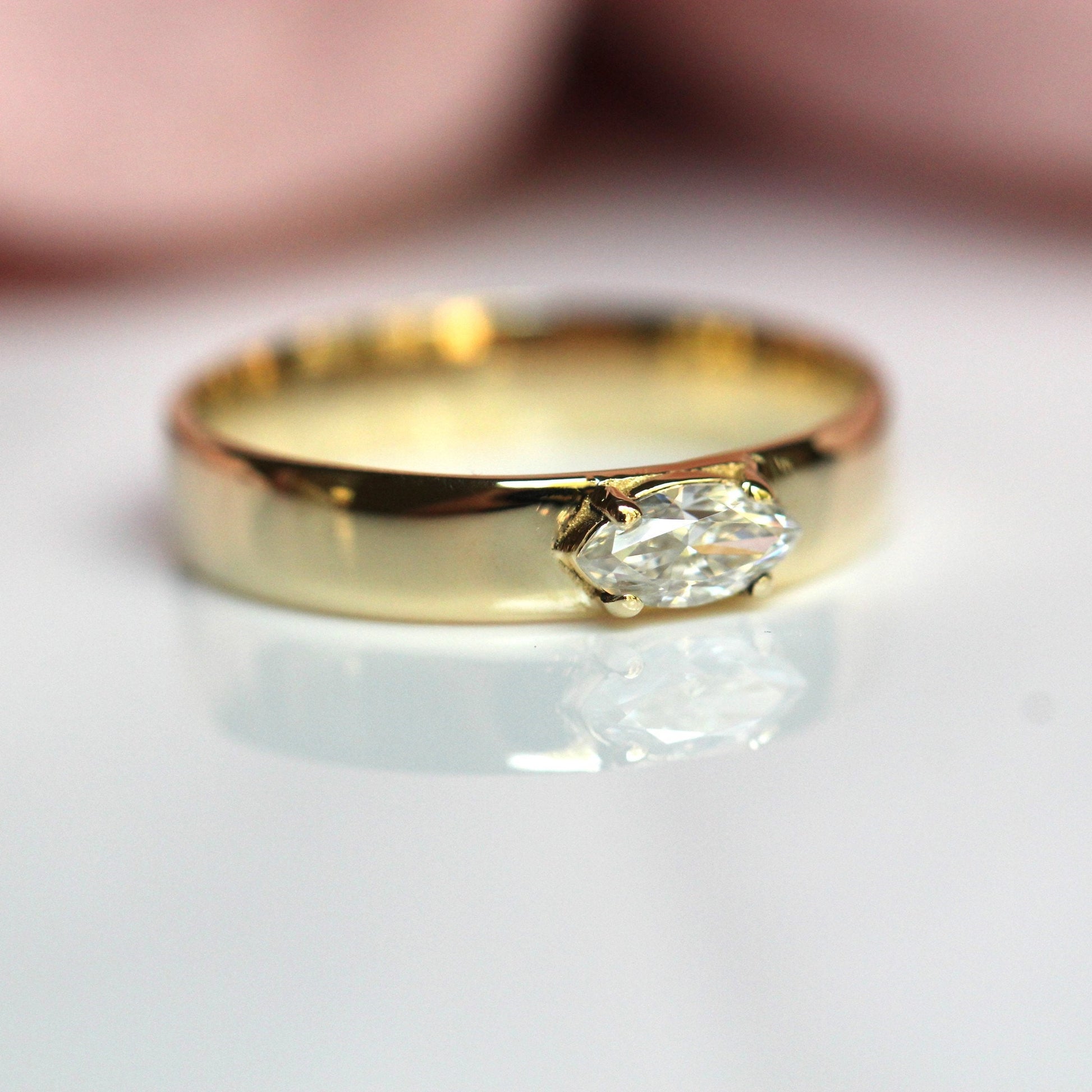 Solid Gold Diamond Marquise Wide Band, Wide Band Engagement Ring, Natural Diamond, Lab Made Diamond, 10K Gold, 14K Gold, 4mm,