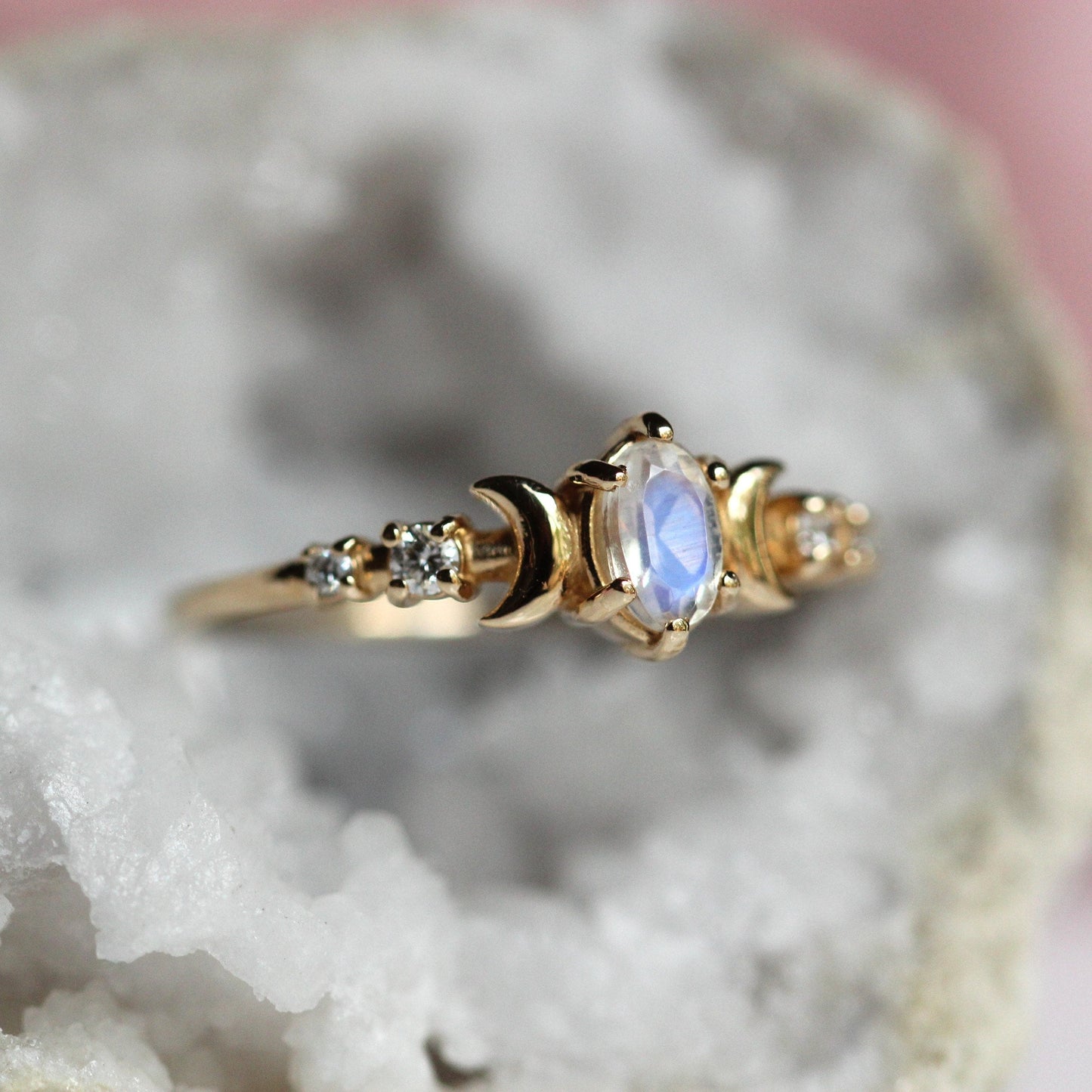 14K Moon Phase Ring, Rainbow Moonstone and Diamond Ring, Double Moon Ring, 10K, Astrology Ring, Blue Stone Ring, Oval Stone, Gemstone