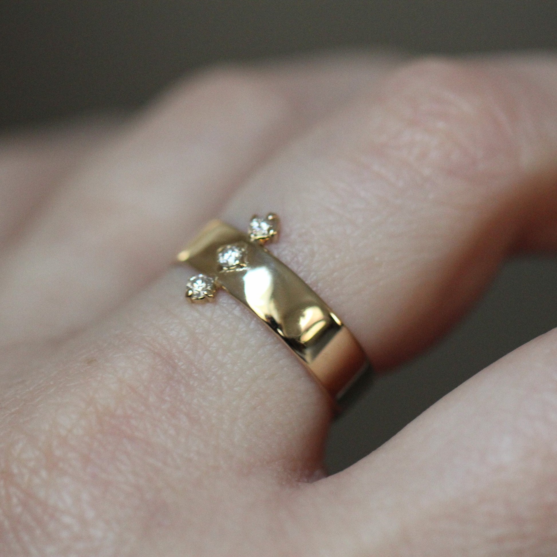 14K Gold Three Diamond Wide Band, 5mm Wide Band, Flat Band, Three Stone Ring, Solid Gold, Real Gold, 10K Gold, Row of Stones, Statement Ring