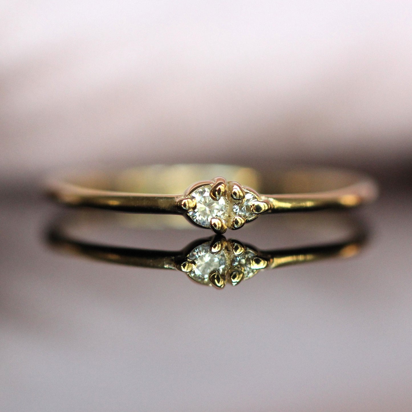 14K Gold Two Stone Ring, Whisper Thin Ring, Stacking Ring, Double Diamond, Solid Gold Ring, Diamond Double Stone, Three Prong Setting