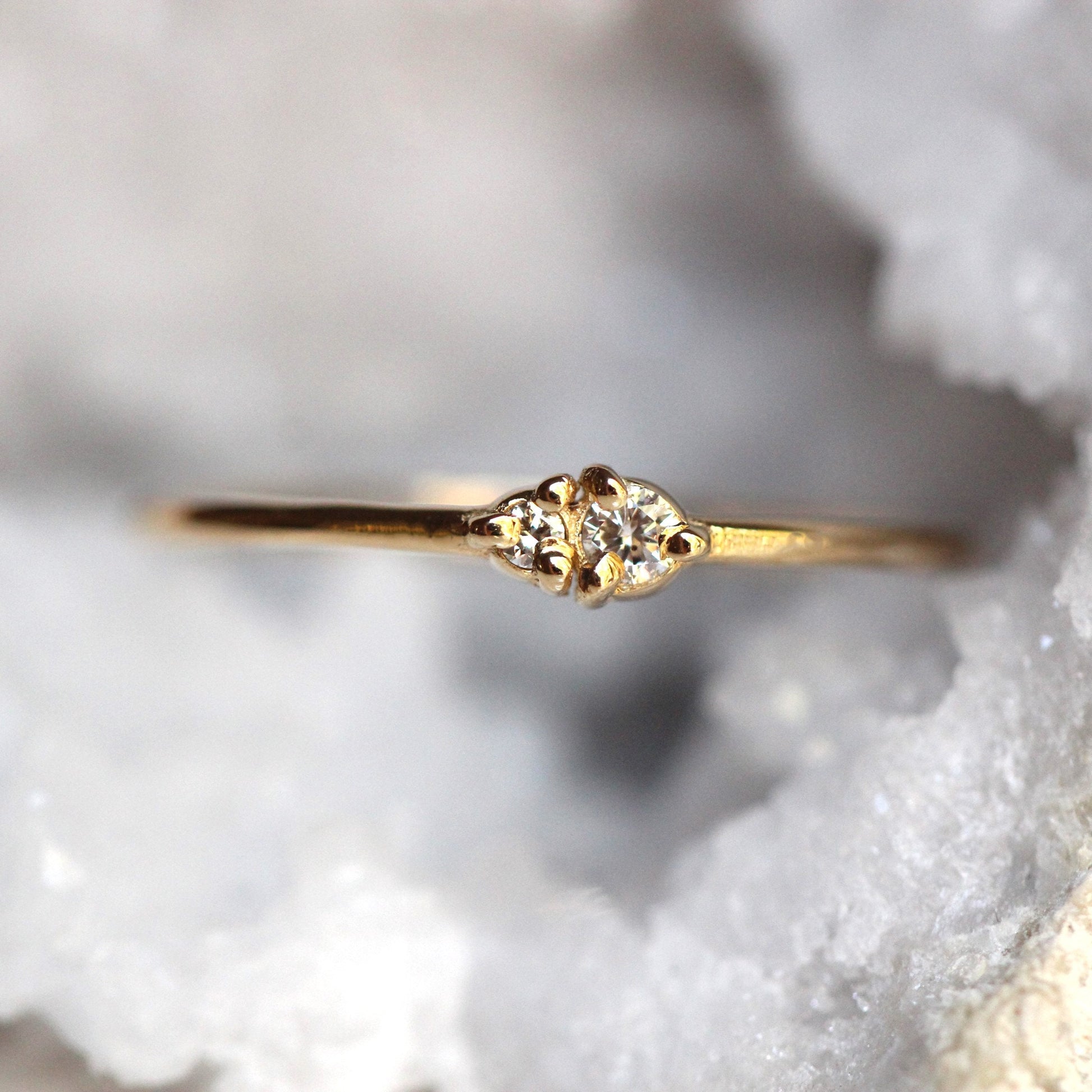 14K Gold Two Stone Ring, Whisper Thin Ring, Stacking Ring, Double Diamond, Solid Gold Ring, Diamond Double Stone, Three Prong Setting