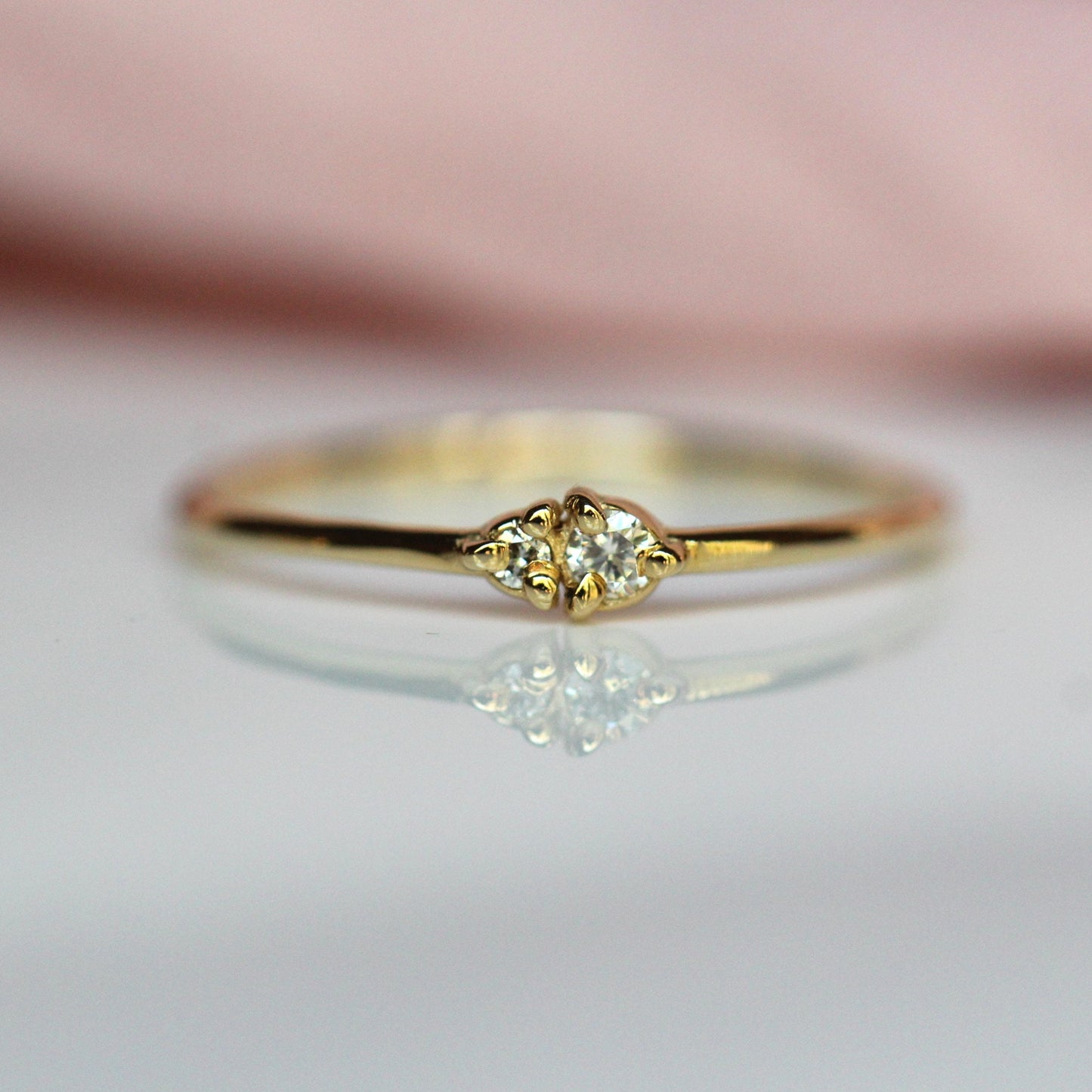 14K Gold Two Stone Ring, Whisper Thin Ring, Stacking Ring, Double Diamond, Solid Gold Ring, Diamond Double Stone, Three Prong Setting