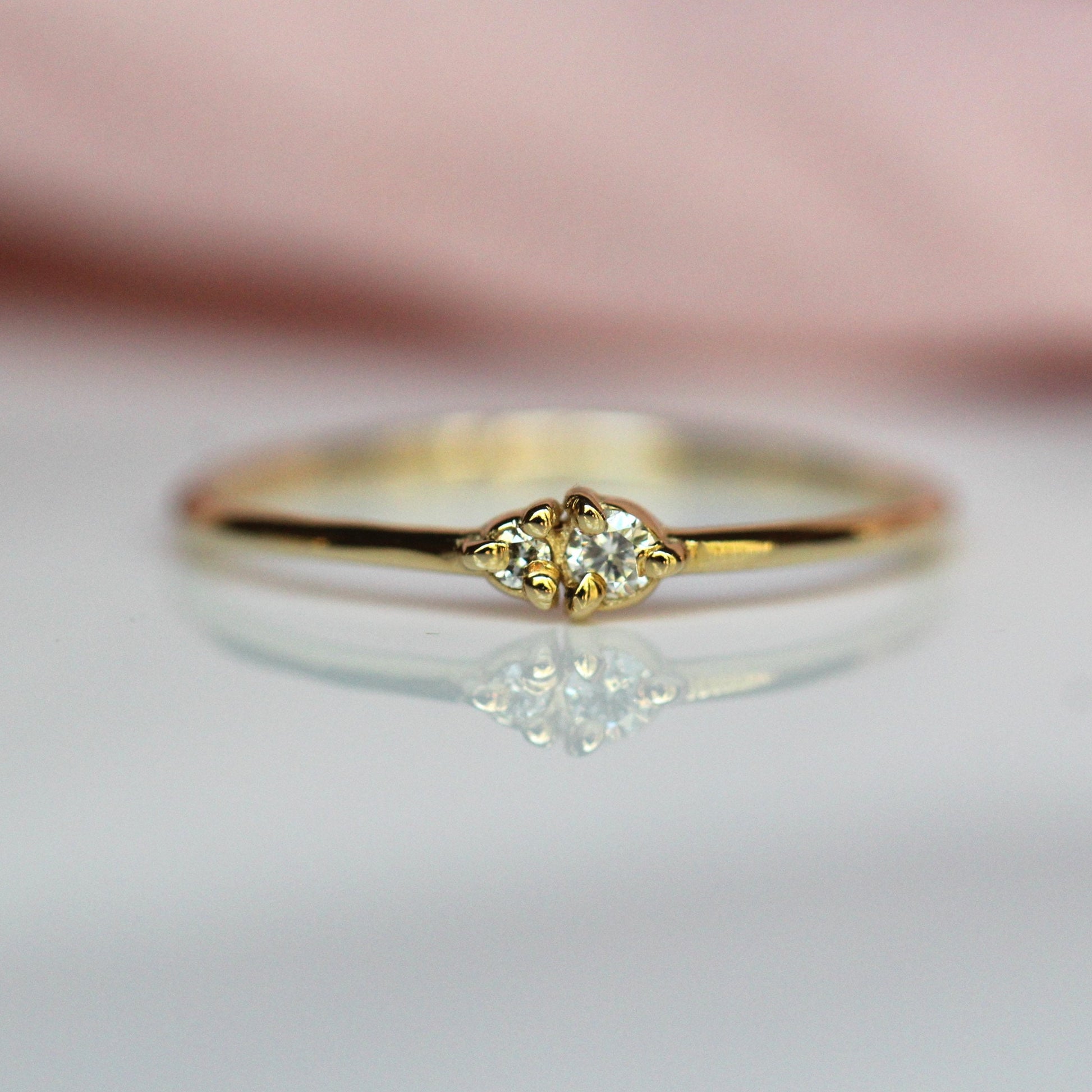 14K Gold Two Stone Ring, Whisper Thin Ring, Stacking Ring, Double Diamond, Solid Gold Ring, Diamond Double Stone, Three Prong Setting