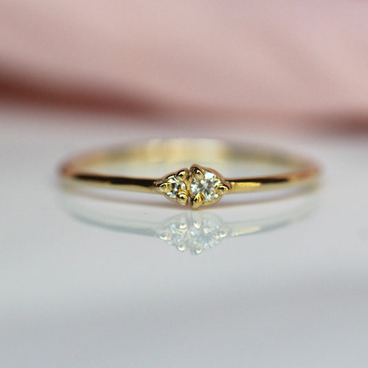 14K Gold Two Stone Ring, Whisper Thin Ring, Stacking Ring, Double Diamond, Solid Gold Ring, Diamond Double Stone, Three Prong Setting