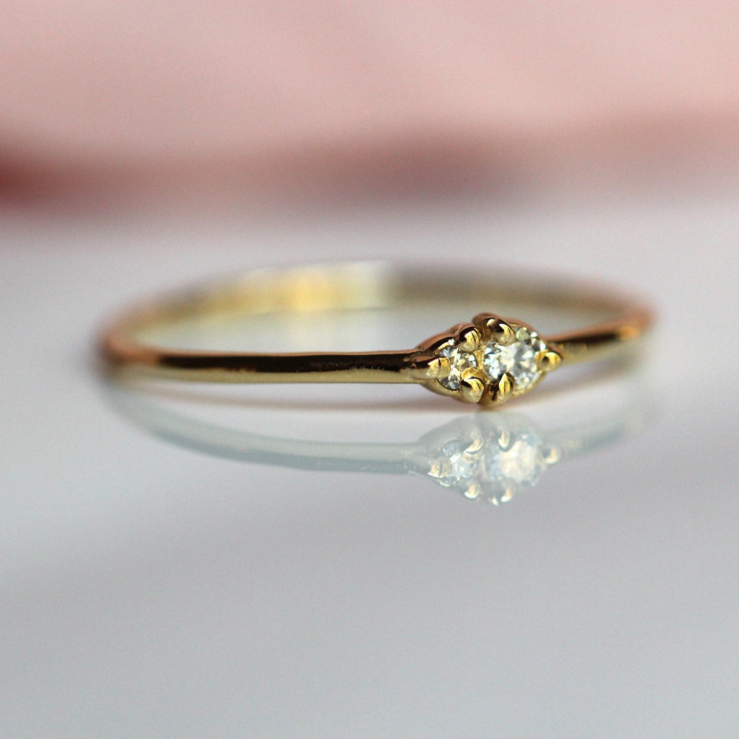 14K Gold Two Stone Ring, Whisper Thin Ring, Stacking Ring, Double Diamond, Solid Gold Ring, Diamond Double Stone, Three Prong Setting