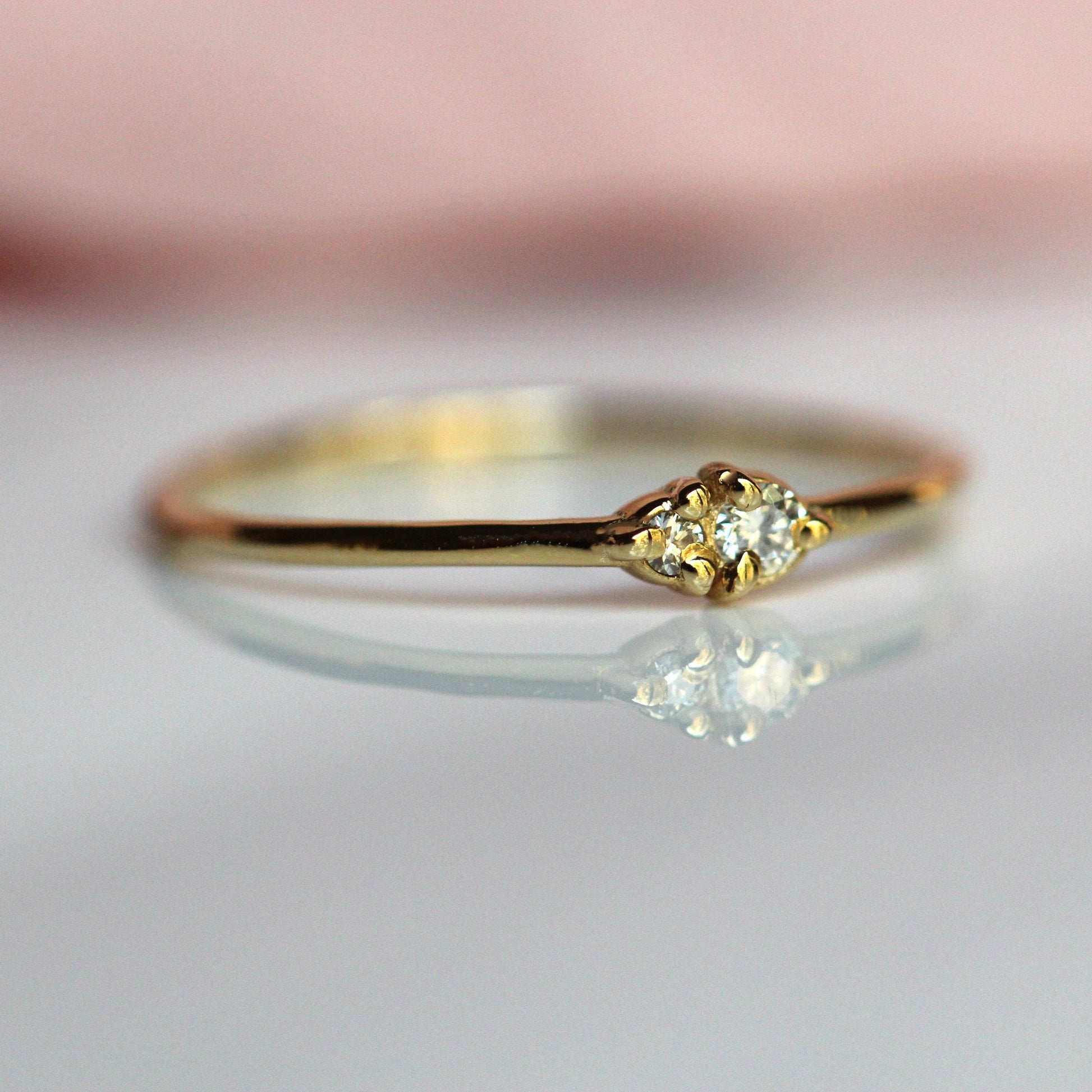 14K Gold Two Stone Ring, Whisper Thin Ring, Stacking Ring, Double Diamond, Solid Gold Ring, Diamond Double Stone, Three Prong Setting