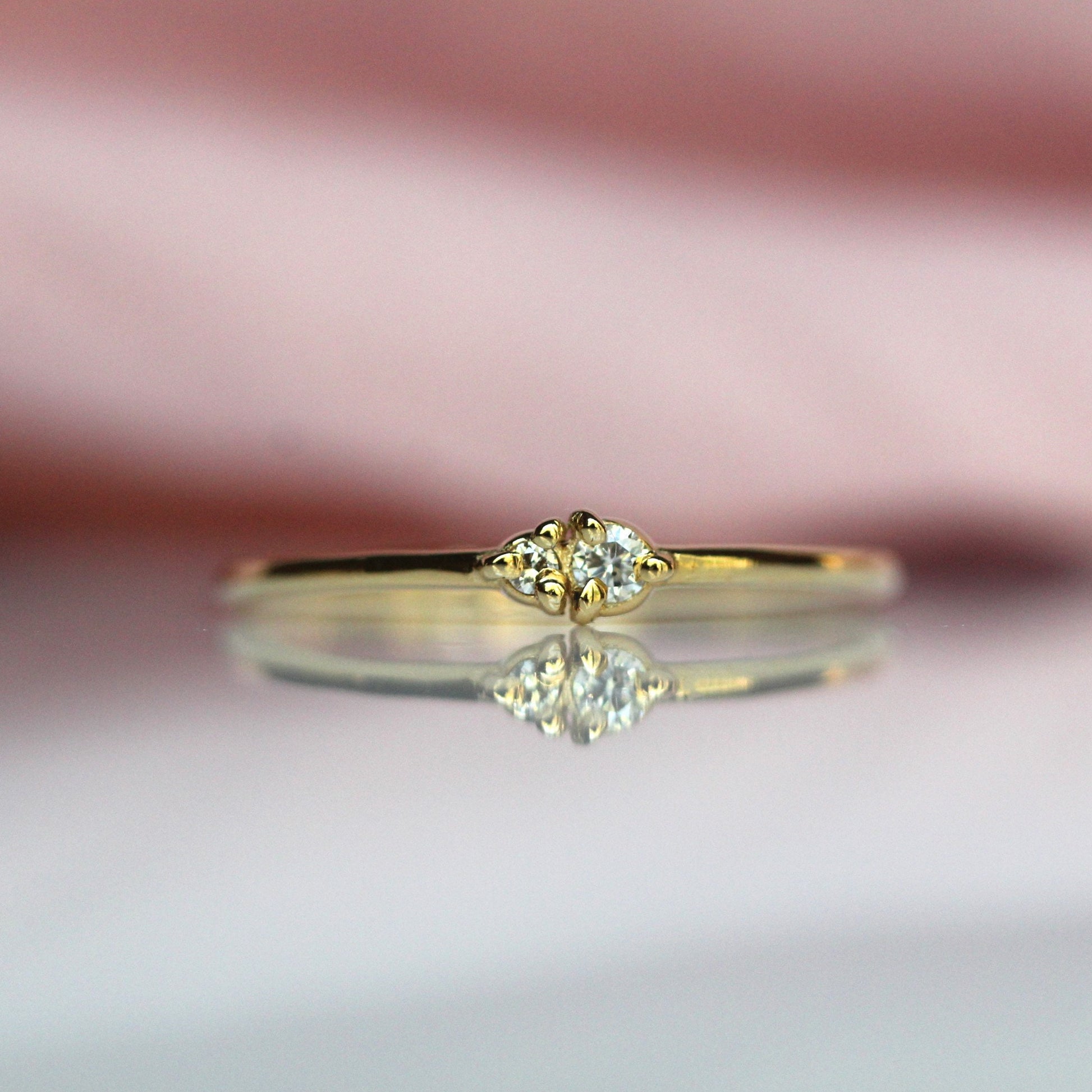 14K Gold Two Stone Ring, Whisper Thin Ring, Stacking Ring, Double Diamond, Solid Gold Ring, Diamond Double Stone, Three Prong Setting