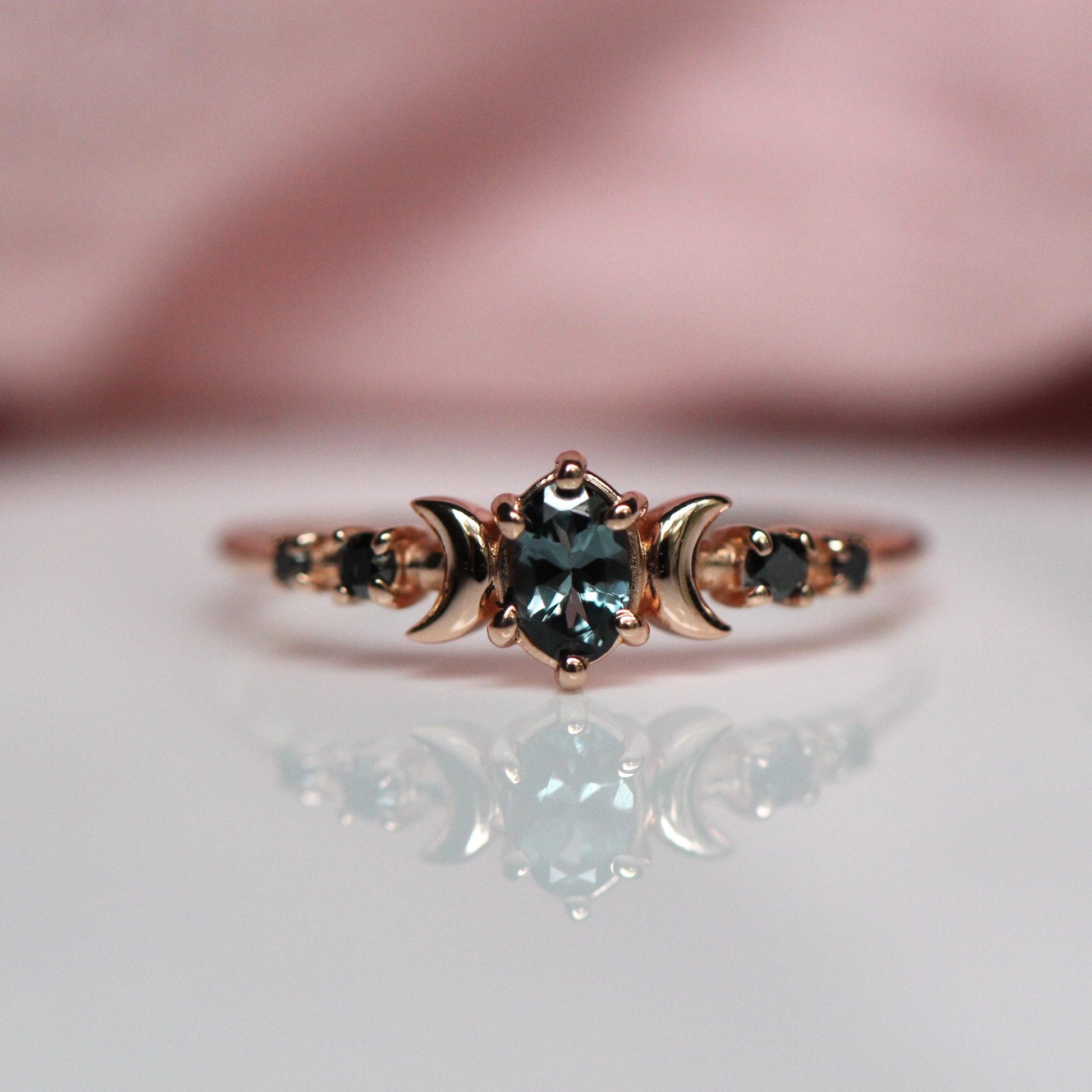 14K Moon Phase Ring, Grey Spinel and Black Diamond Ring, Double Moon Ring, 10K, Astrology Ring, Grey Stone Ring, Oval Stone, Grey Gemstone