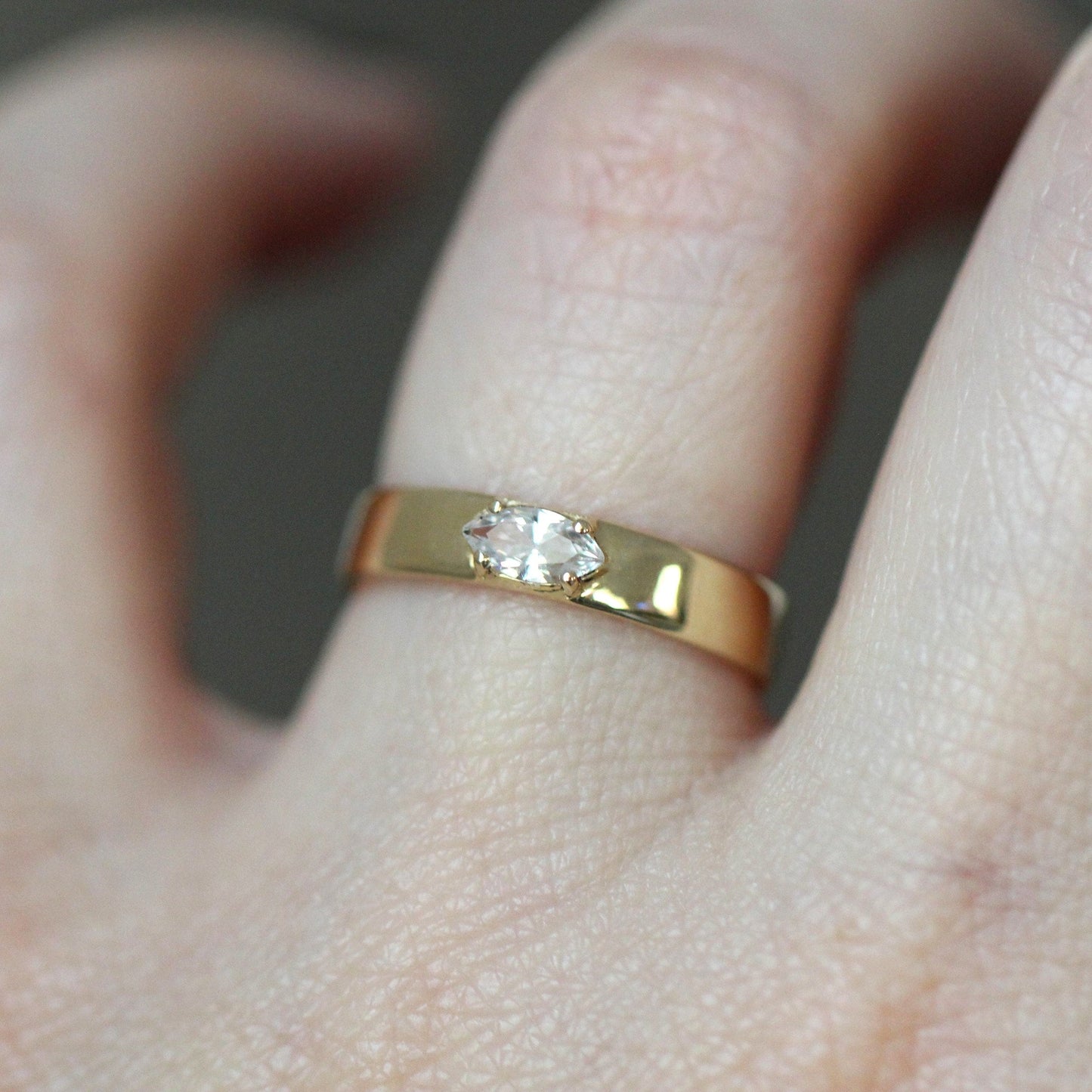 Solid Gold Diamond Marquise Wide Band, Wide Band Engagement Ring, Natural Diamond, Lab Made Diamond, 10K Gold, 14K Gold, 4mm,