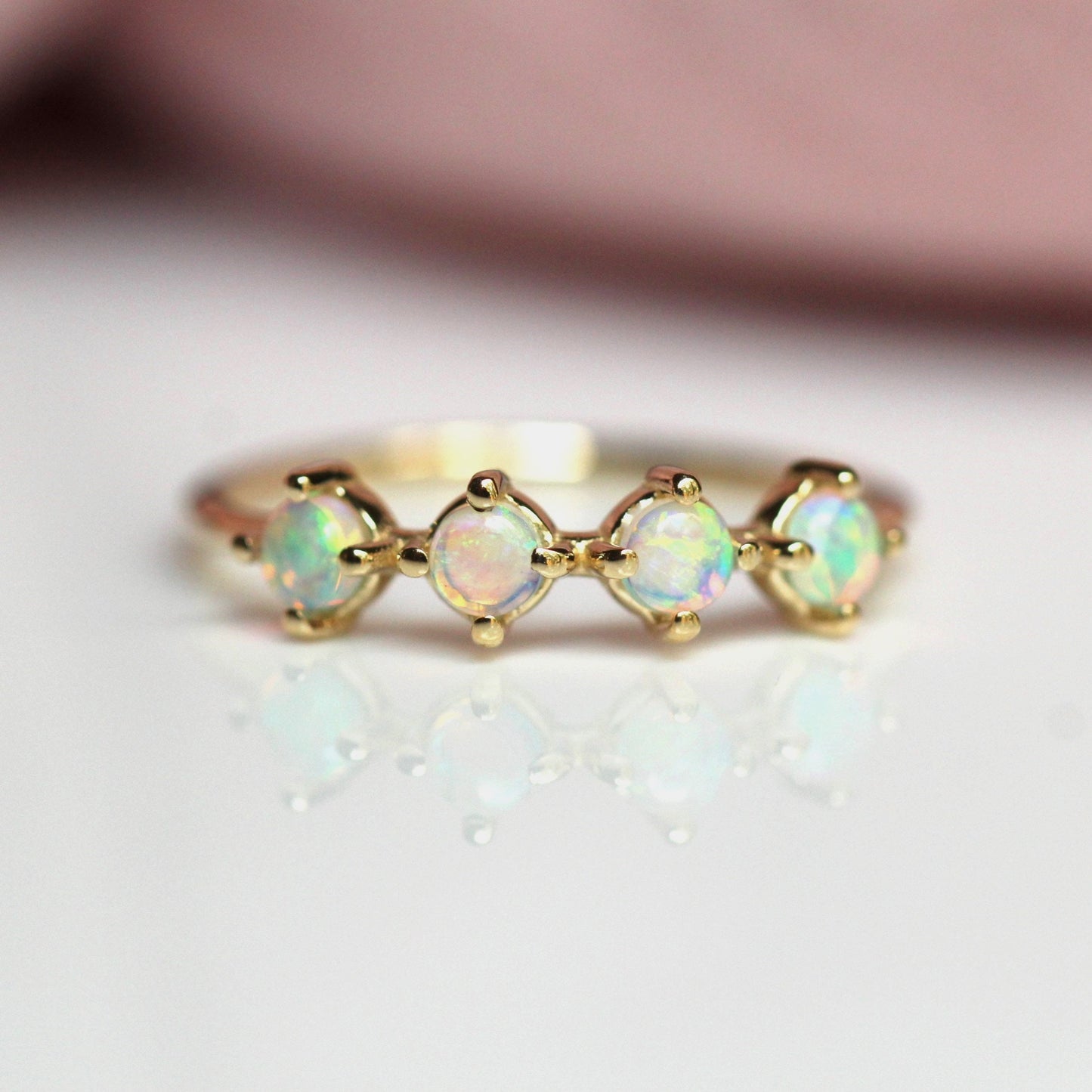 14K Gold Four Stone Opal Ring, Opal Jewelry, Gold Opal Ring, 10K, 4 Stone Ring, Genuine Opal Ring, Australian Opal, Birthstone Ring, Natural