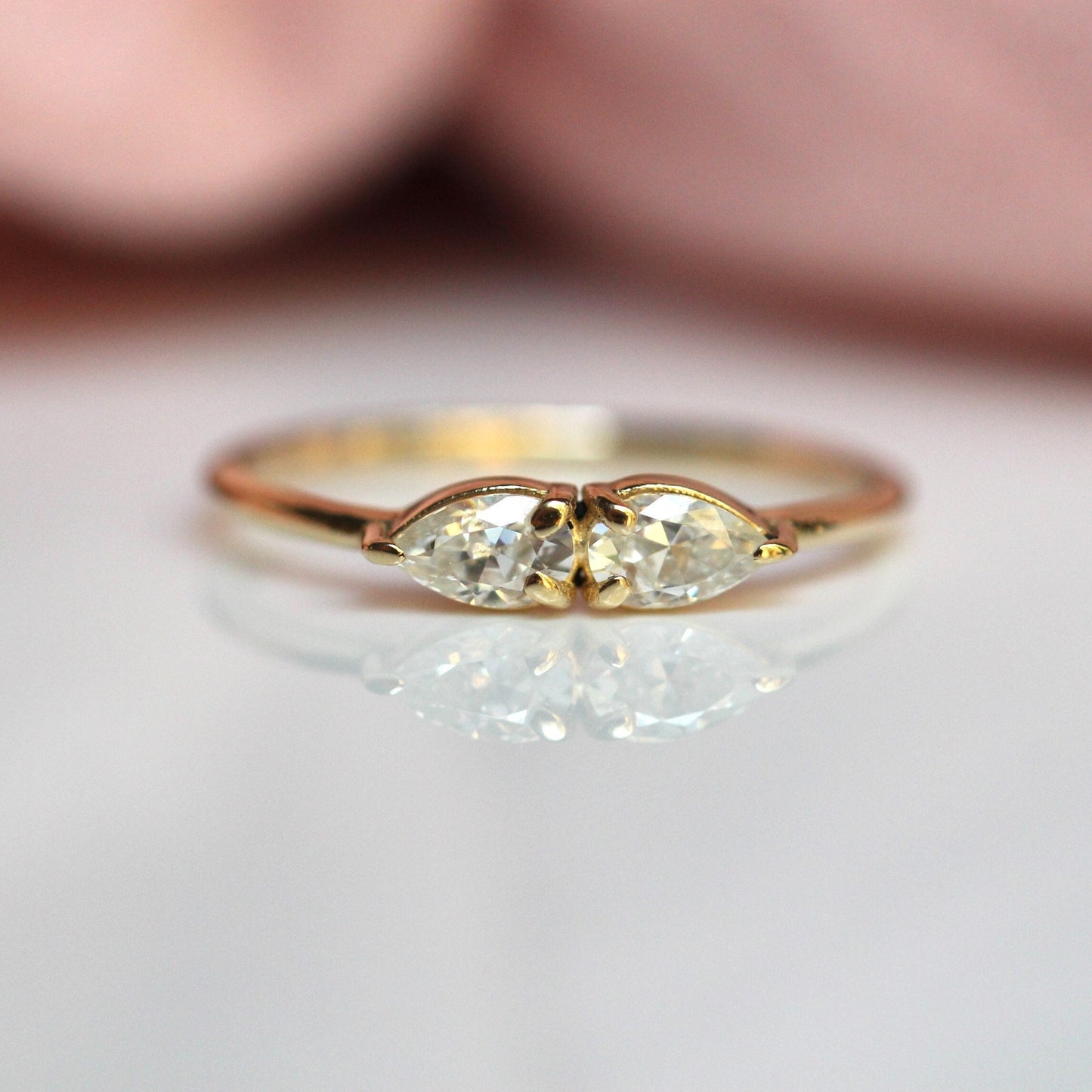 14K Gold Double Pear Diamond Ring, Two Stone Ring, Tear Shape, Drop Shape, Engagement Ring, Two Pears, Solid Gold, Minimal Jewelry