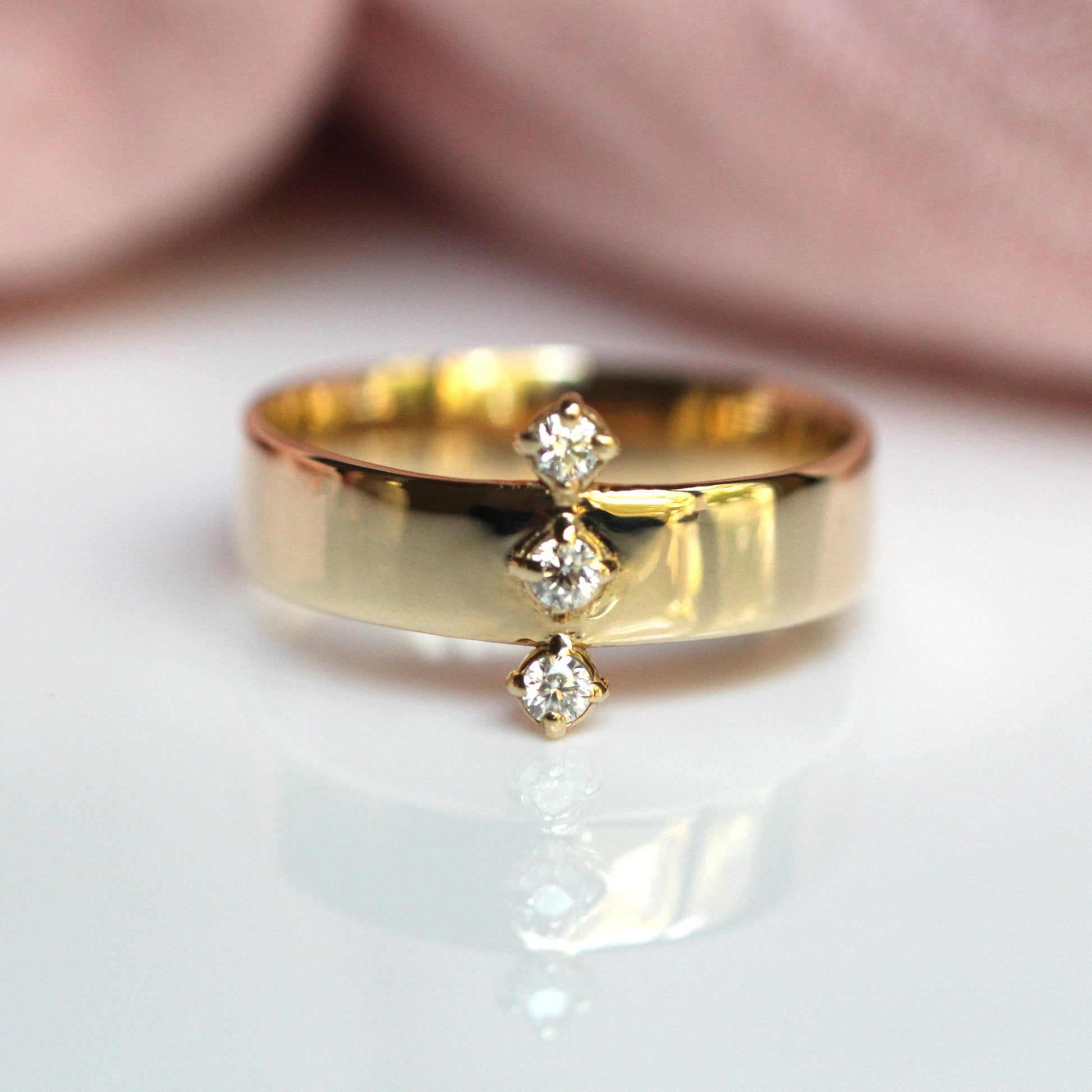 14K Gold Three Diamond Wide Band, 5mm Wide Band, Flat Band, Three Stone Ring, Solid Gold, Real Gold, 10K Gold, Row of Stones, Statement Ring