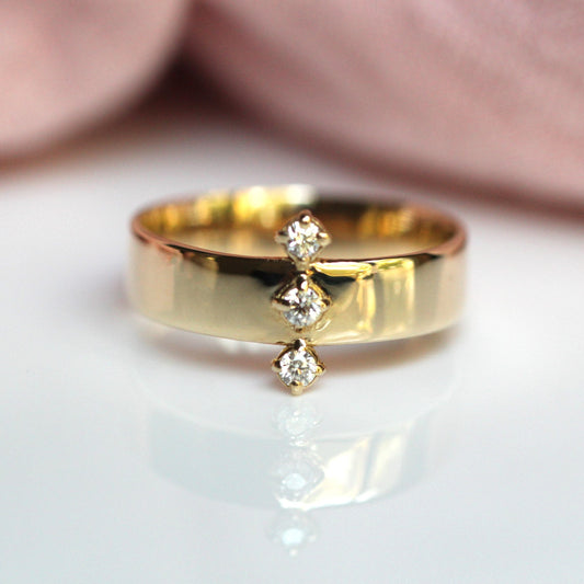 14K Gold Three Diamond Wide Band, 5mm Wide Band, Flat Band, Three Stone Ring, Solid Gold, Real Gold, 10K Gold, Row of Stones, Statement Ring
