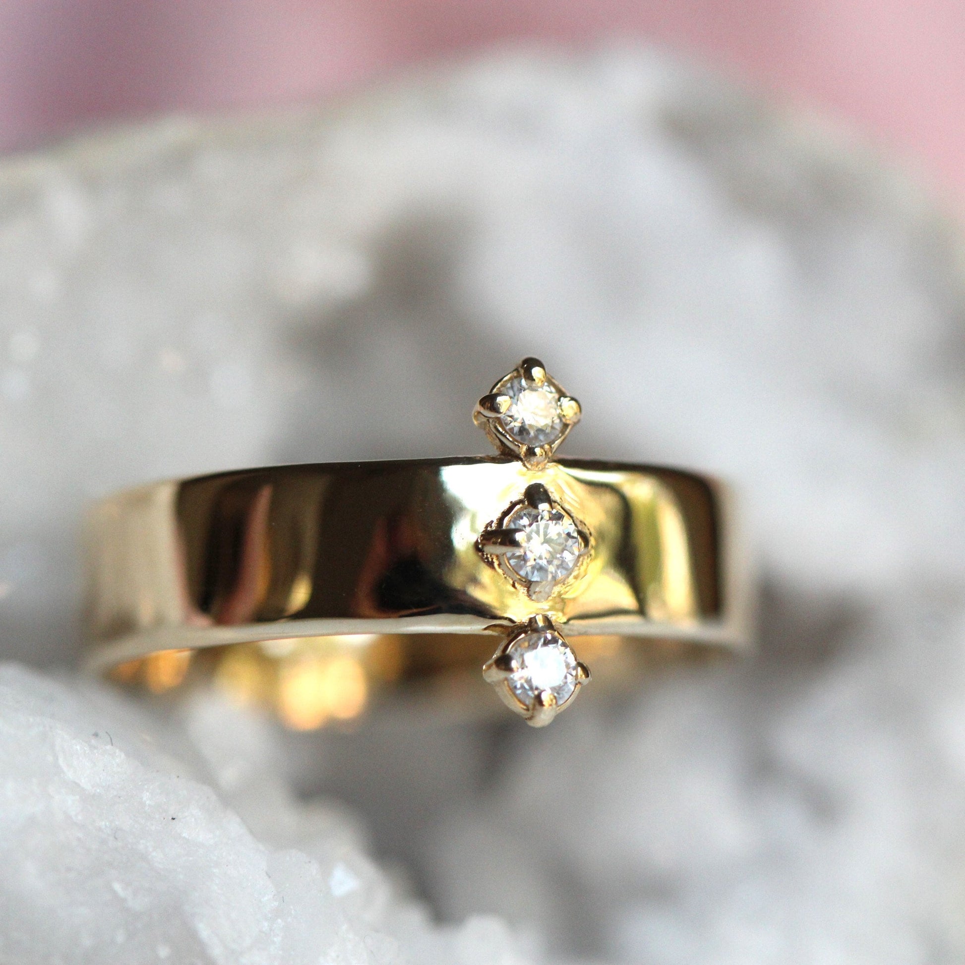 14K Gold Three Diamond Wide Band, 5mm Wide Band, Flat Band, Three Stone Ring, Solid Gold, Real Gold, 10K Gold, Row of Stones, Statement Ring