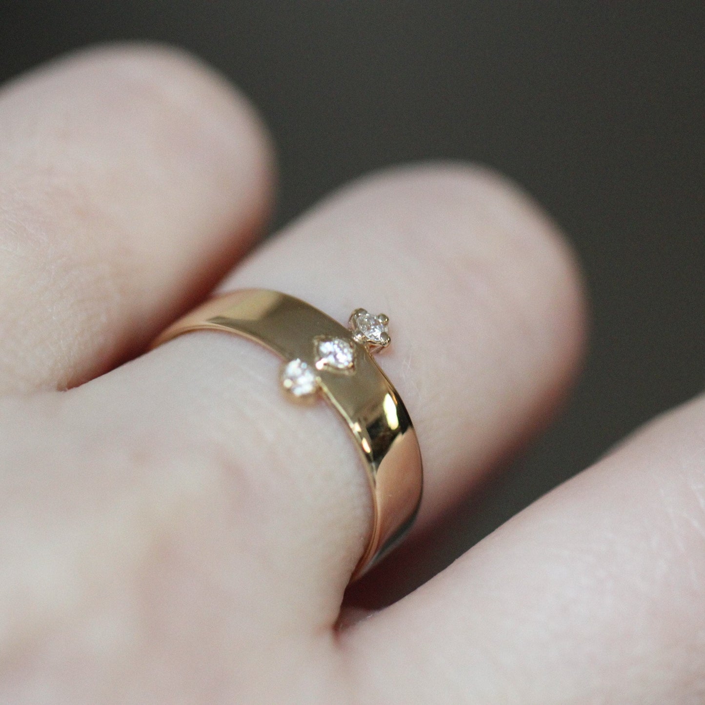 14K Gold Three Diamond Wide Band, 5mm Wide Band, Flat Band, Three Stone Ring, Solid Gold, Real Gold, 10K Gold, Row of Stones, Statement Ring