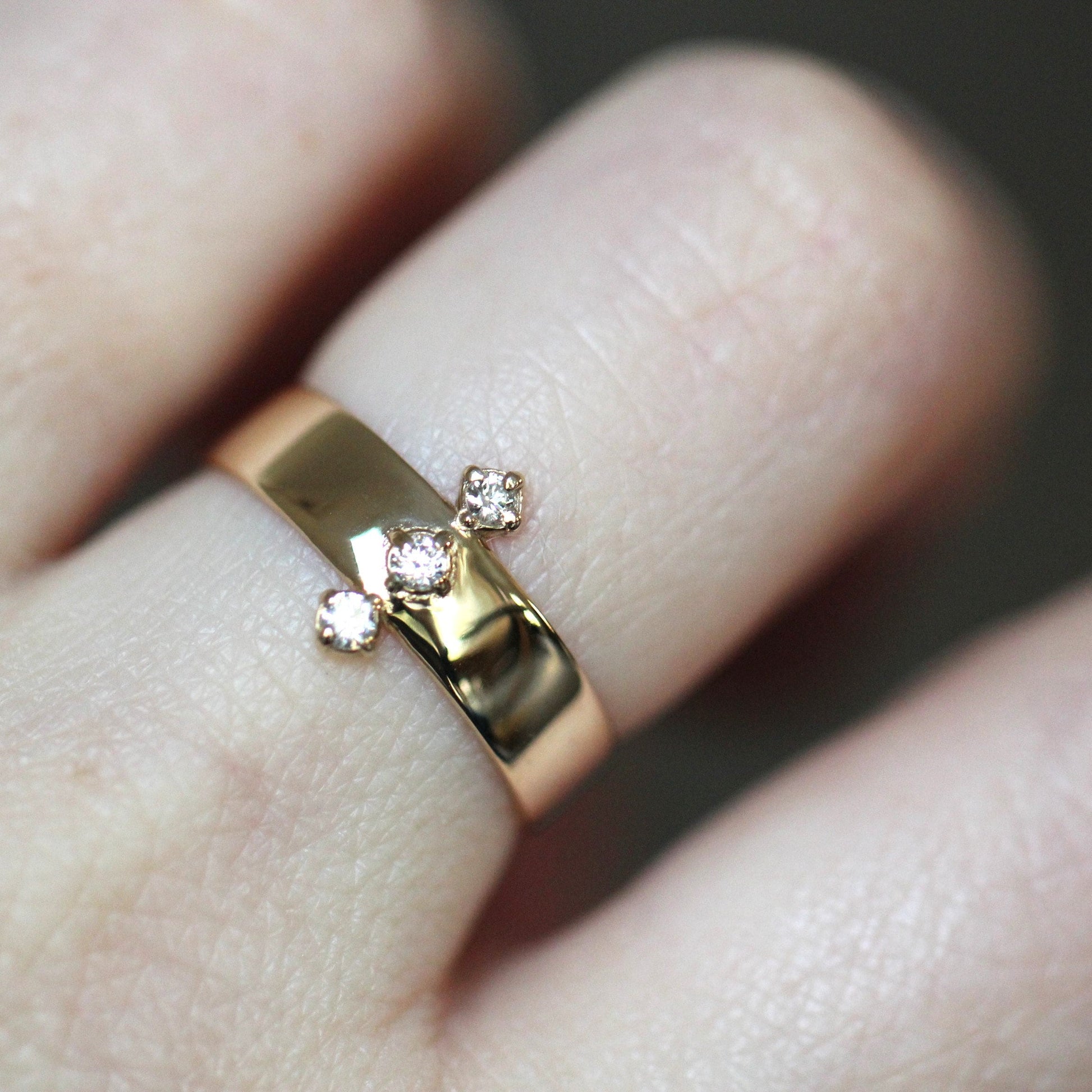 14K Gold Three Diamond Wide Band, 5mm Wide Band, Flat Band, Three Stone Ring, Solid Gold, Real Gold, 10K Gold, Row of Stones, Statement Ring