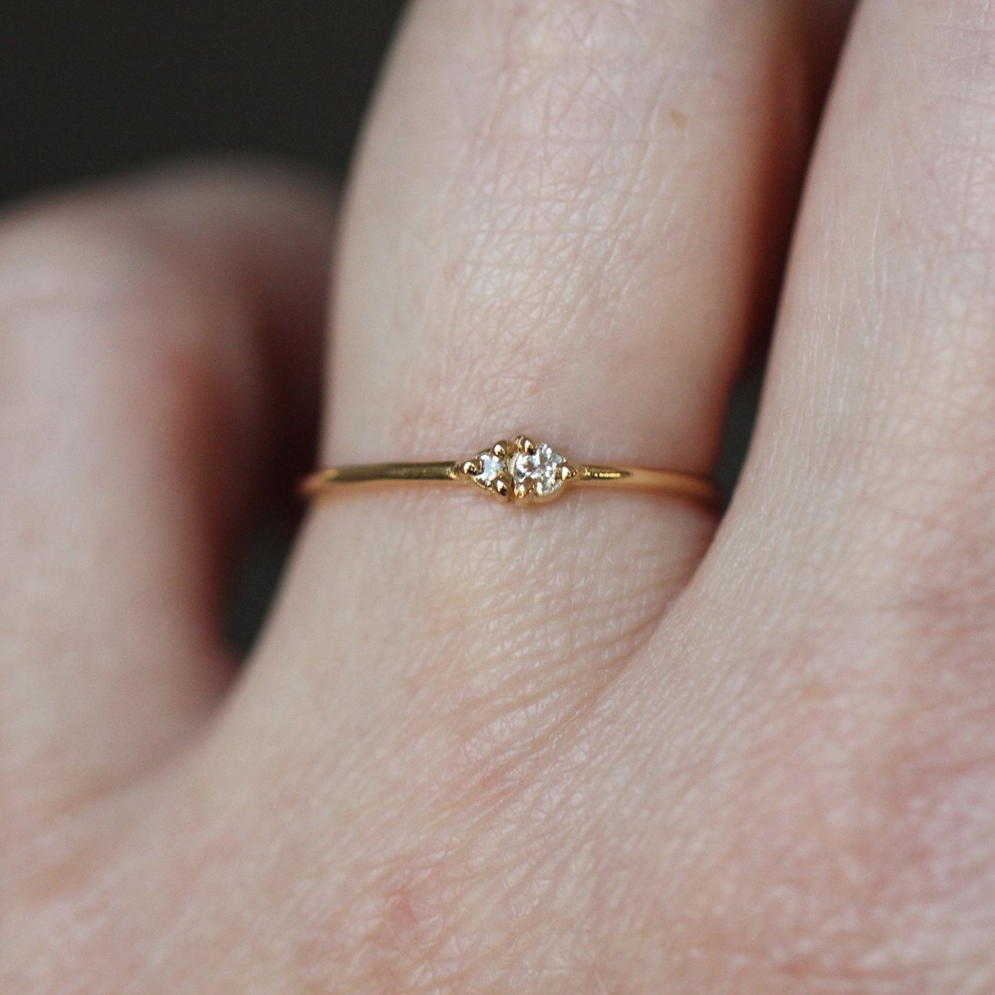 14K Gold Two Stone Ring, Whisper Thin Ring, Stacking Ring, Double Diamond, Solid Gold Ring, Diamond Double Stone, Three Prong Setting