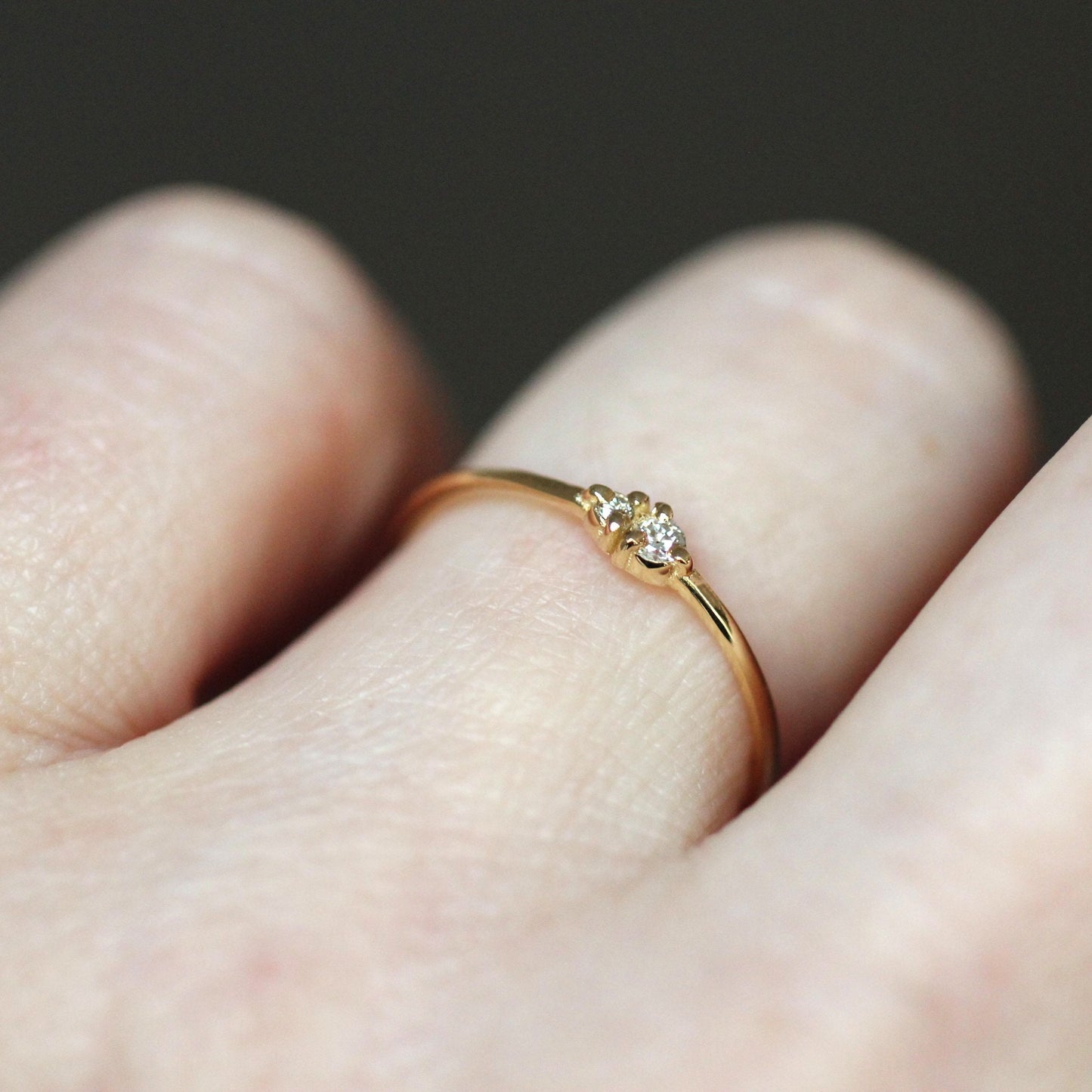 14K Gold Two Stone Ring, Whisper Thin Ring, Stacking Ring, Double Diamond, Solid Gold Ring, Diamond Double Stone, Three Prong Setting