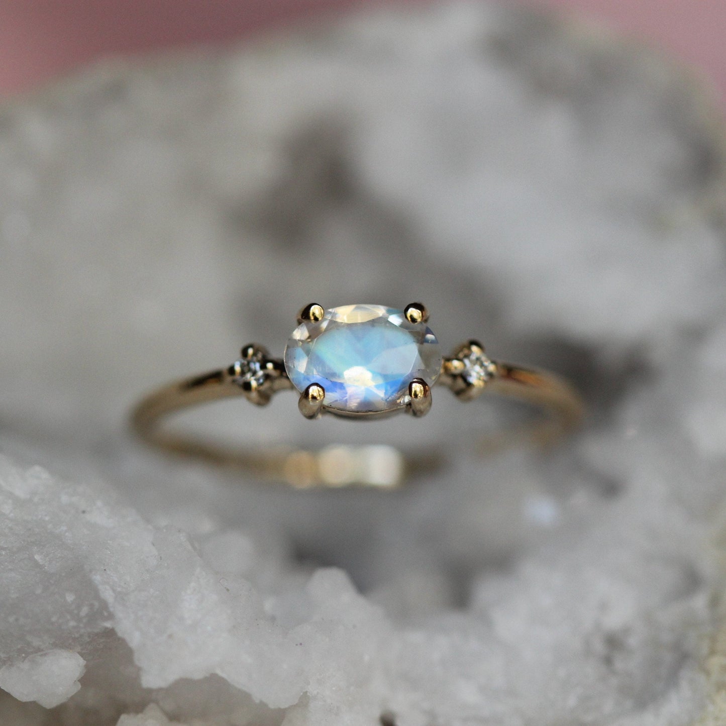 14K Gold Oval Moonstone Diamond Ring, 10K East West Oval, Moonstone Ring, Moonstone Oval Ring, Three Stone ring, Blue Flash Rainbow, Minimal